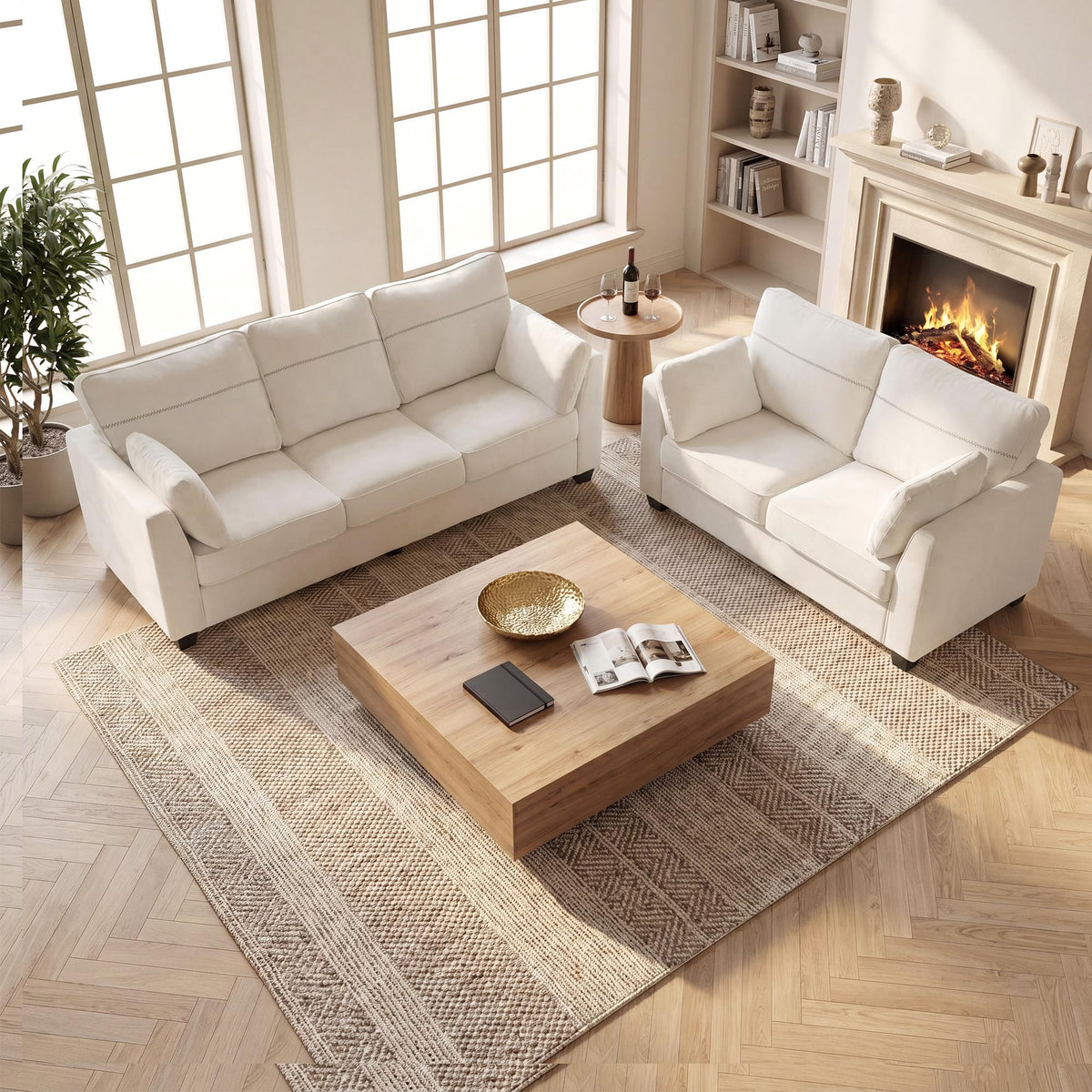 Landassy Home 2-Piece Sofa Set, 65.4" Loveseat + 89" 3-Seater Couch, Beige