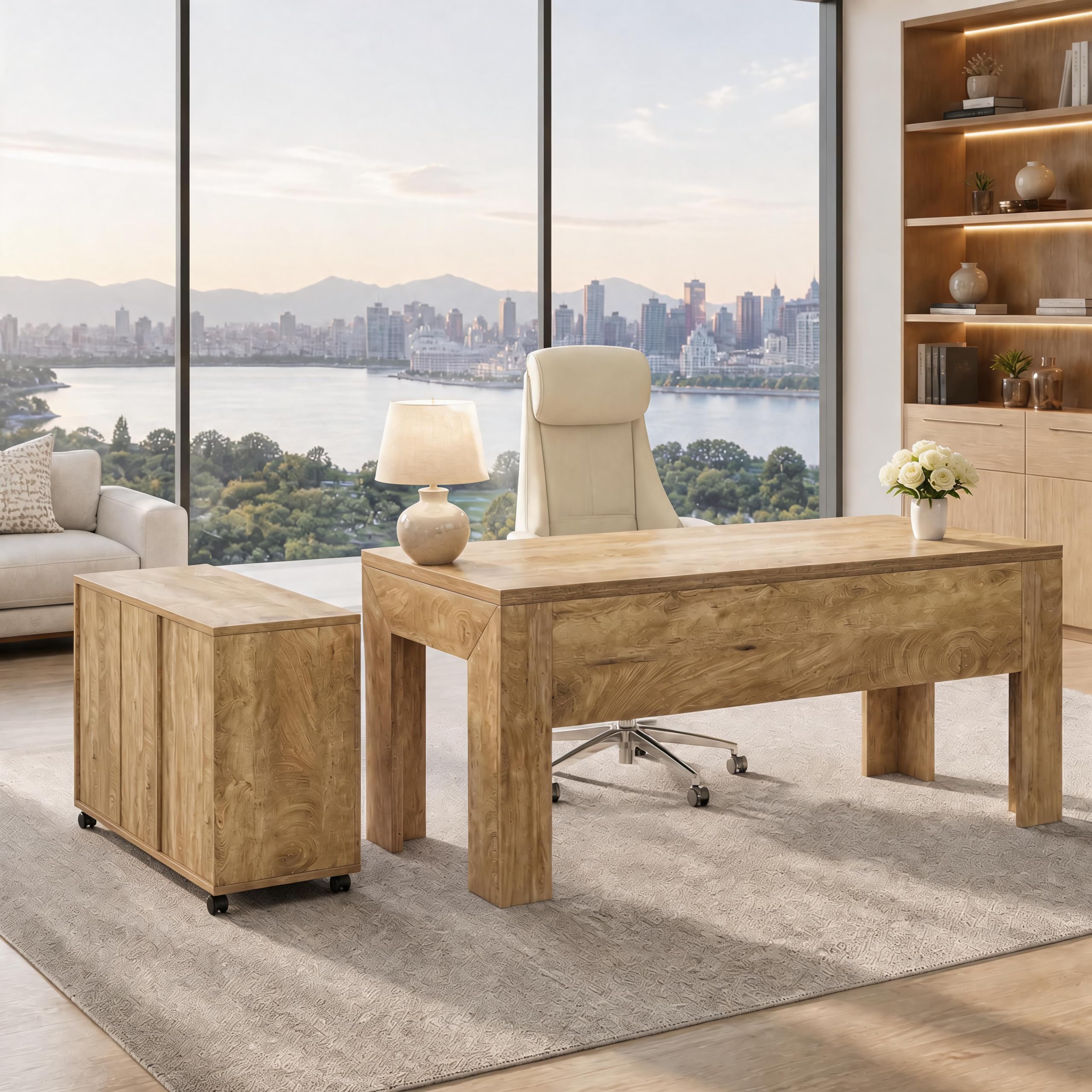 Tribesigns 63'' L Shaped Office Desk with Drawers and Shelves,Large Executive Desk with Rolling File Cabinet Combo,Home Office Computer Desk,Brown