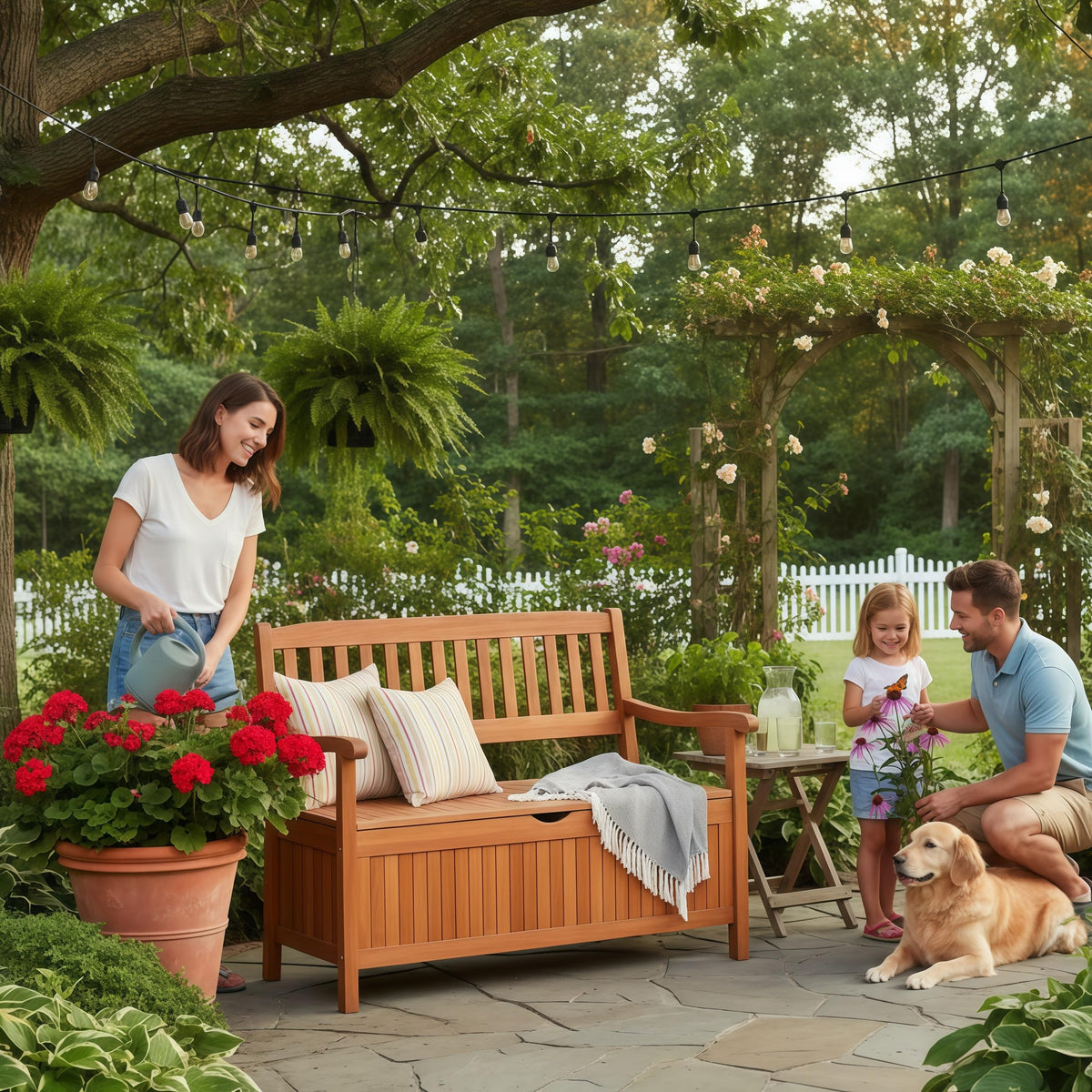 Tangkula Outdoor Wood Storage Bench Deck Box, Entryway Porch Storage Bench