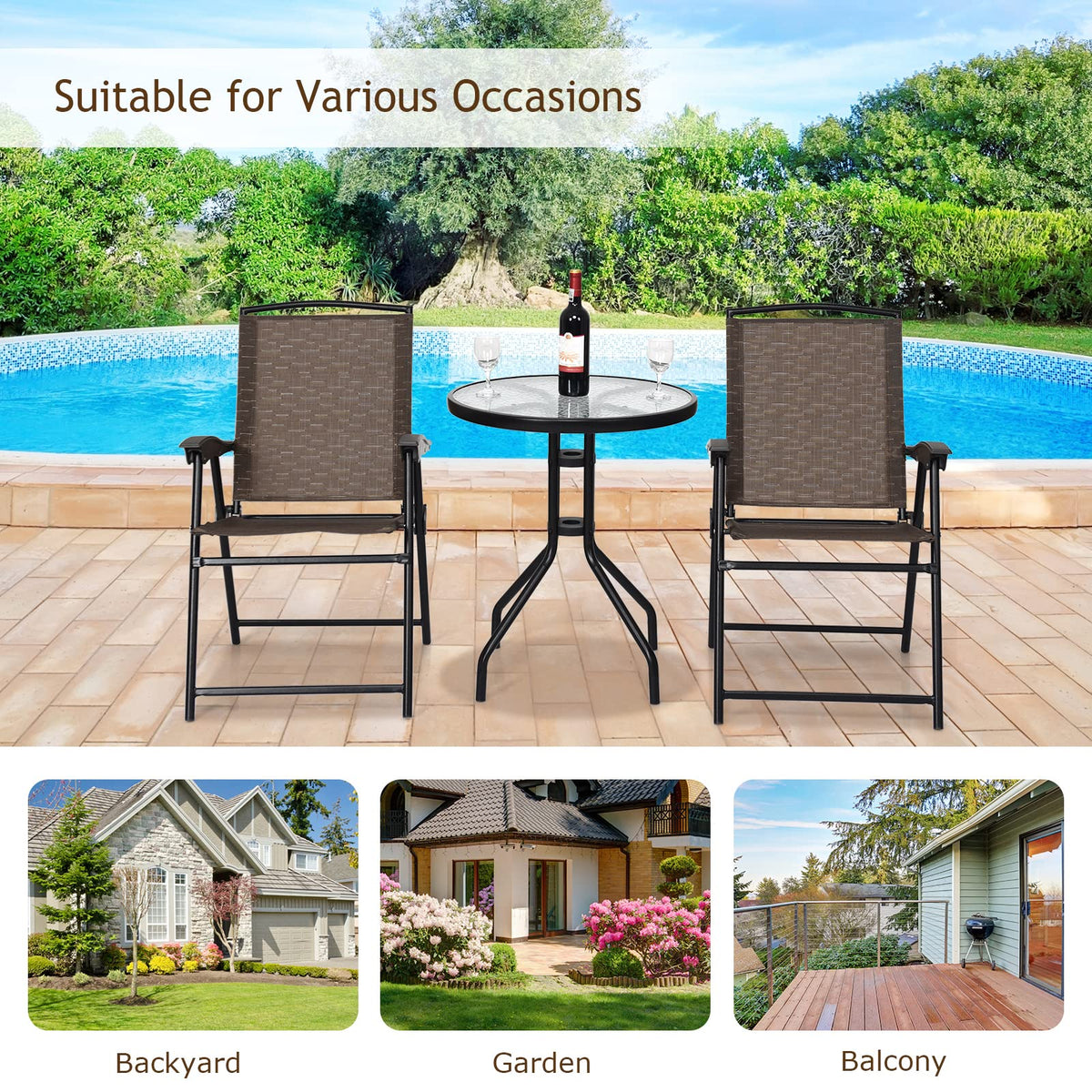 LDAILY LUARANE 3 Piece Patio Bistro Set, Outdoor Table and Chairs Set, 2 Folding Chairs & Coffee Table w/Textured Glass Tabletop, Small Patio Furniture Set for Balcony, Front Porch, Backyard & Garden