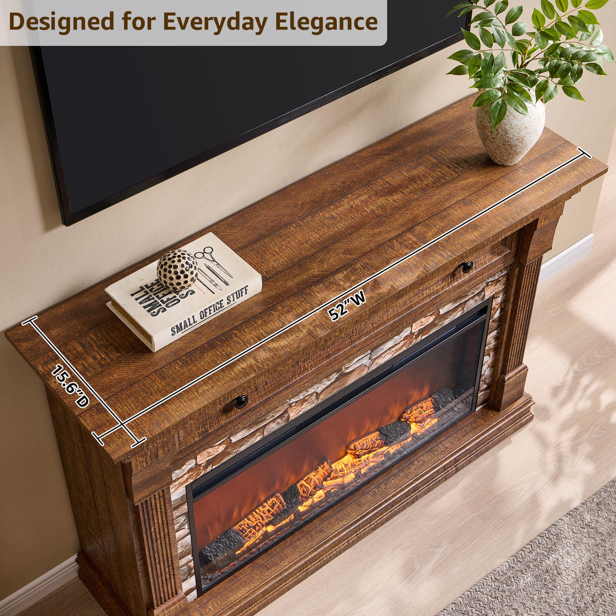 OKD 52" Farmhouse Electric Fireplace TV Stand with Mantel & Cabinet, 36" Freestanding Electric Fireplace Heater with Remote Control, Adjustable 3D Flame Effect, Brown