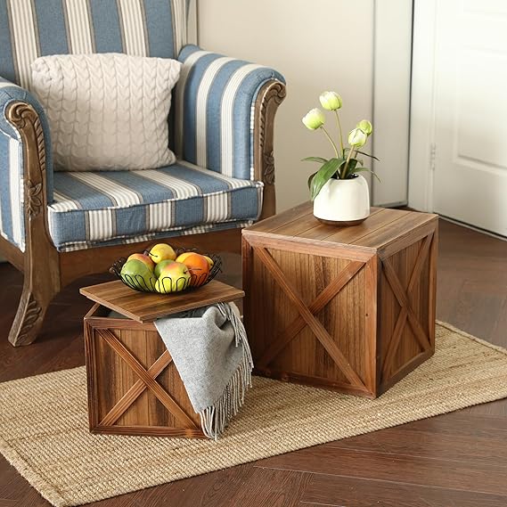 Farmhouse Wood & Iron Storage Ottoman Set, 2-Pack
