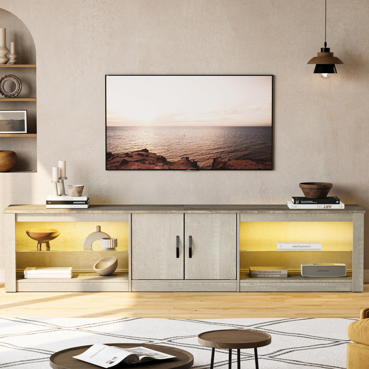 Bestier 80 Inch TV Stand for 75/77/85/86 inch TVs, LED Gaming Entertainment Center for PS5 with Storage Cabinet &Adjustable Glass Shelves, Modern TV Console Table for Living Room Bedroom, Wash White