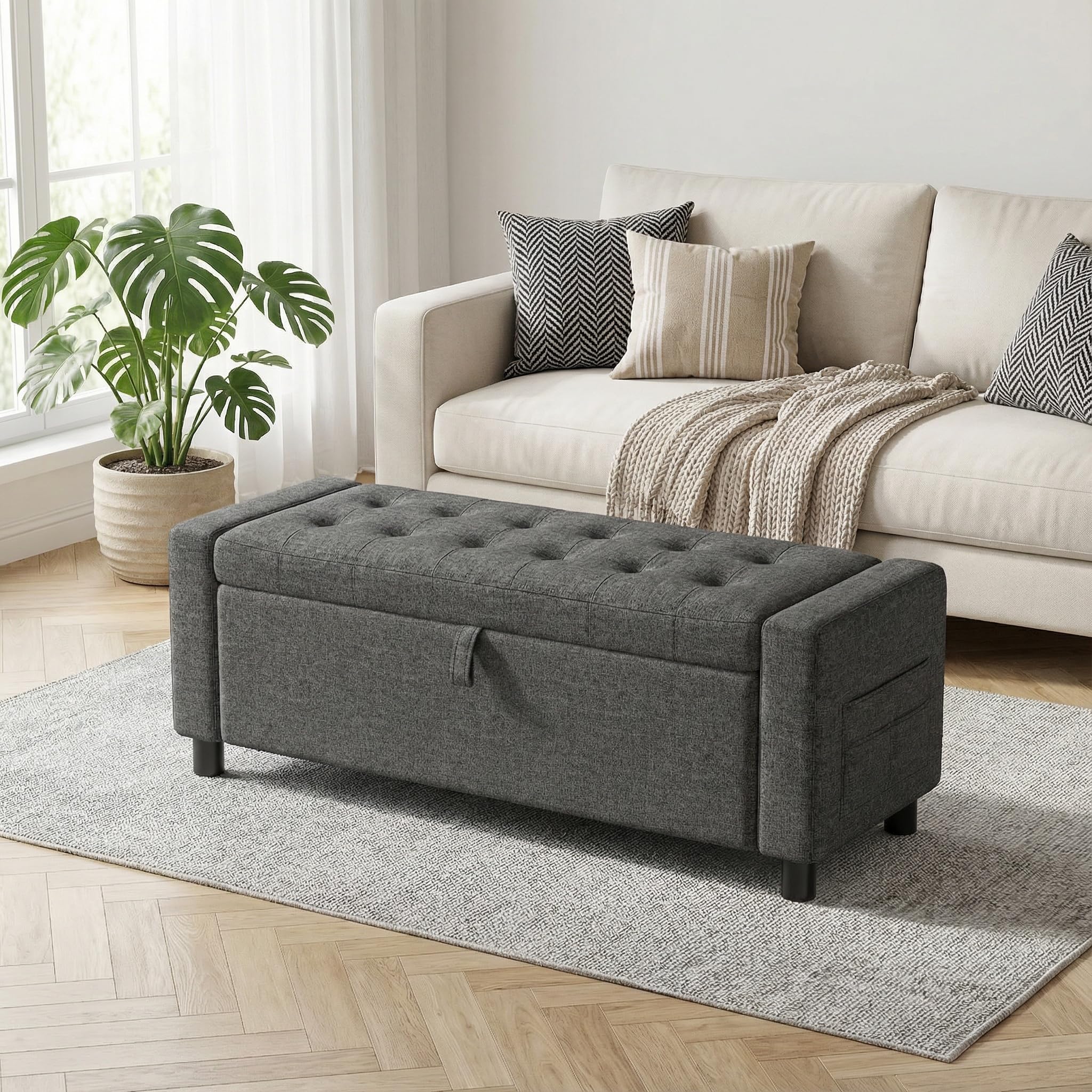 Amada 46" Ottoman with Storage,Storage Ottoman Bench with Safety Hinge, Hidden Compartment & Side Pocket, 400 lbs Weight Capacity, end of Bed/Entryway Bench for Bedroom/Living Room, Dark Gray