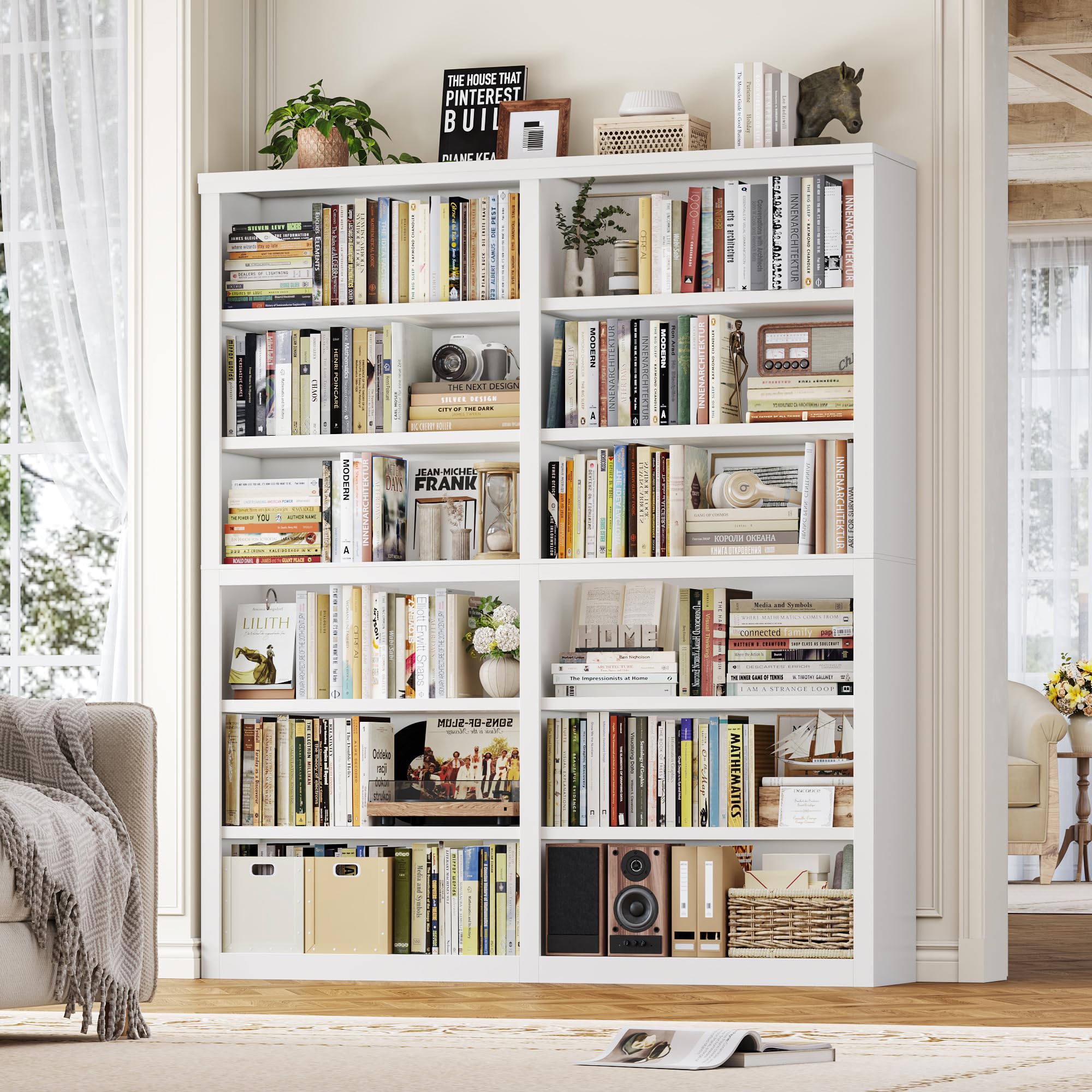 HOSTACK 63" W Open Book Shelf, 73" Tall Bookshelf with Storage, Modern White Bookshelf, Large Bookcase with 12 Display Shelves, 6 Tier Wooden Book Case for Living Room, Home Office, Library, White