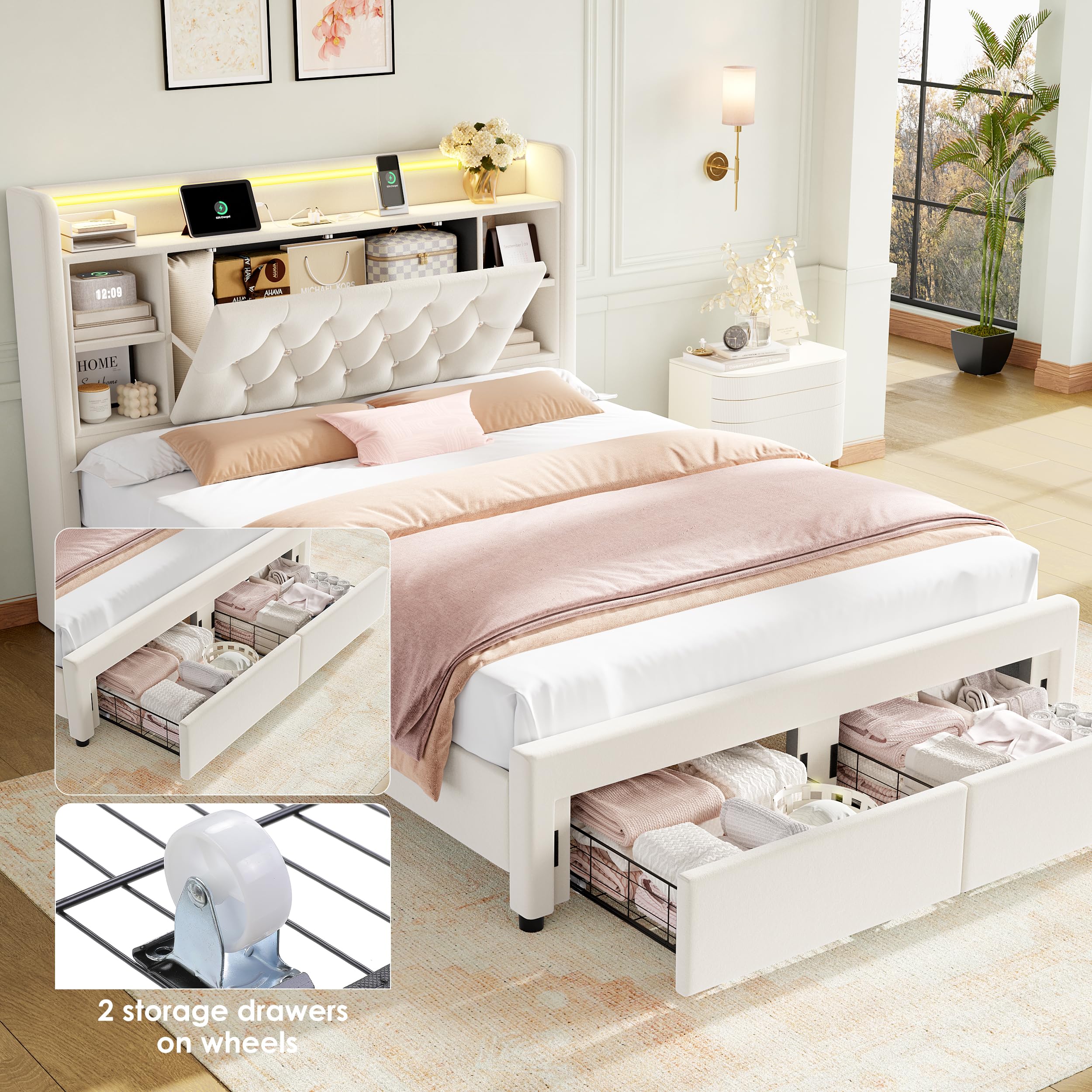 Upholstered Platform Bed with LED Headboard & Storage Drawers