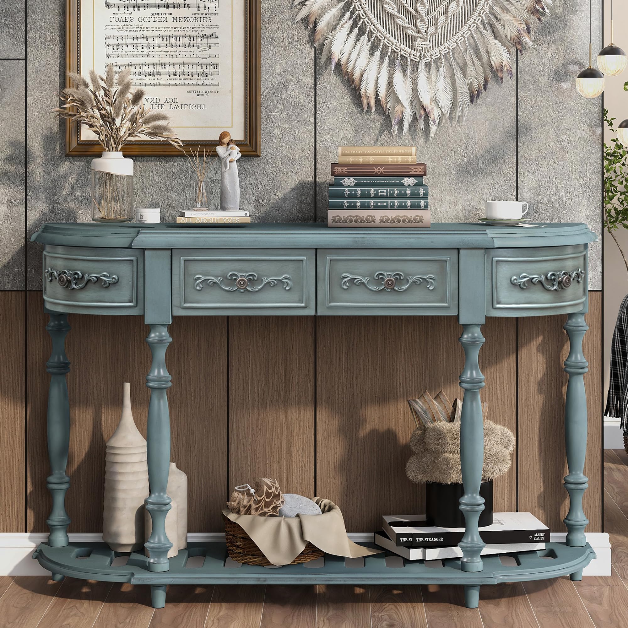 Amposei Retro Wood Curved Entryway Console Table 52-Inch Half Moon Hall Sofa Table with Drawers & Shelf for Living Room Hallway Foyer Home Accent Furniture, Distressed Finish (Antique Blue)