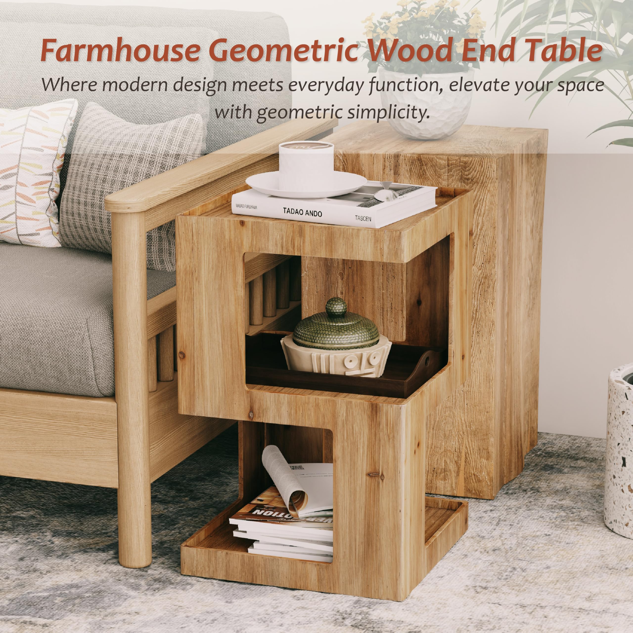 Geometric Wood End Table – 3-Tier Open Shelf