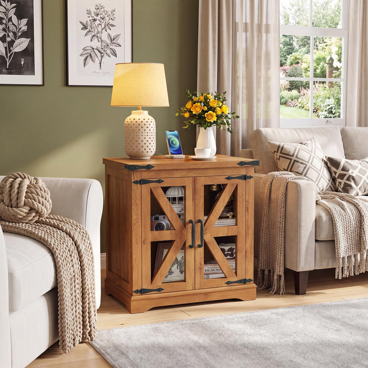 BEROXII Farmhouse End Table, 24" Large End Tables with Storage, Rustic Square Sofa Beside Table with Glass Barn Door, Wood Side Table Square Nightstand for Living Room, Bedroom, Office (Brown)