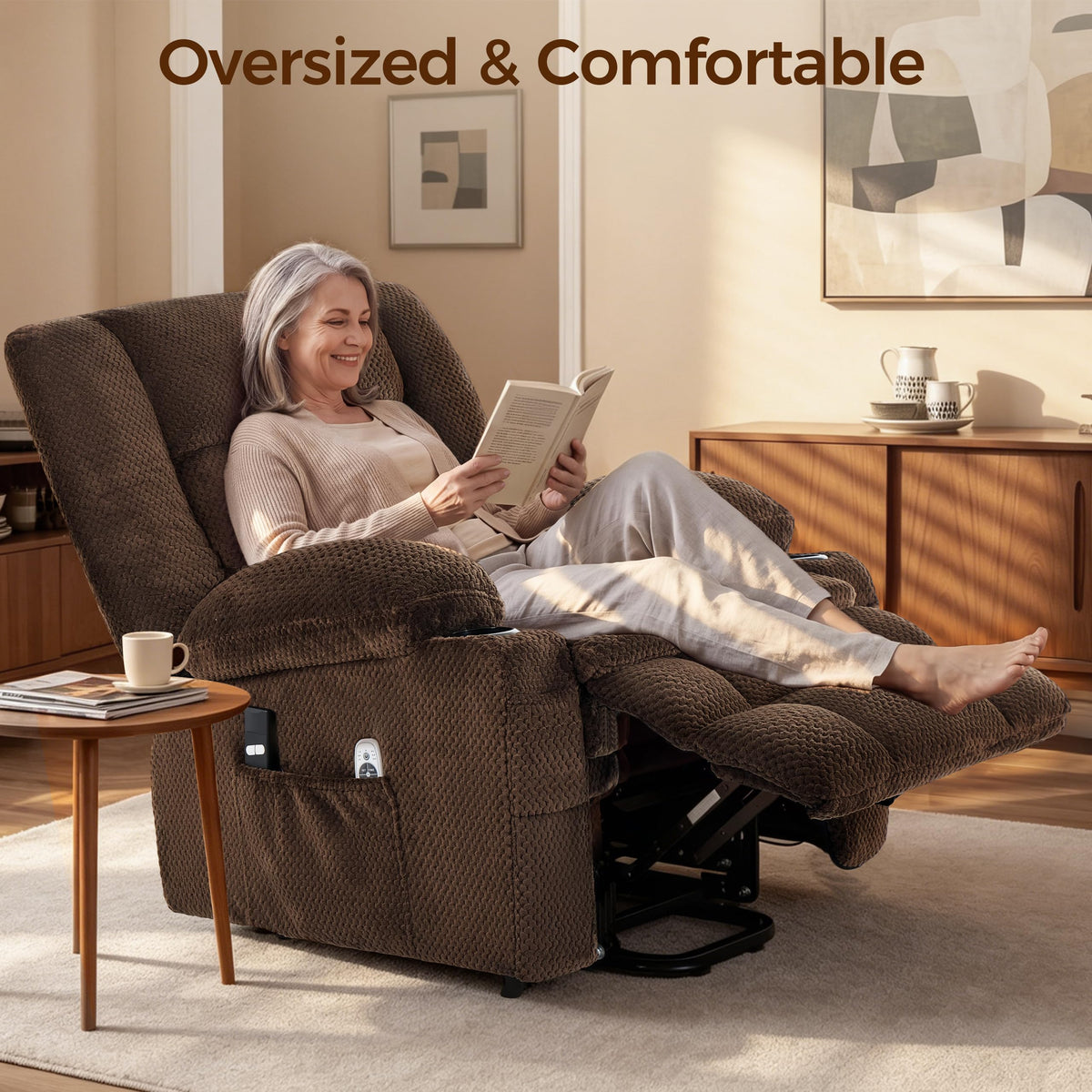 Power Lift Recliner Chair for Elderly, Electric Reclining Lift Chair with Massage and Heating, Comfy Overstuffed Recliner Single Sofa with Cup Holders, Pockets, USB Charge Port for Living Room,Brown