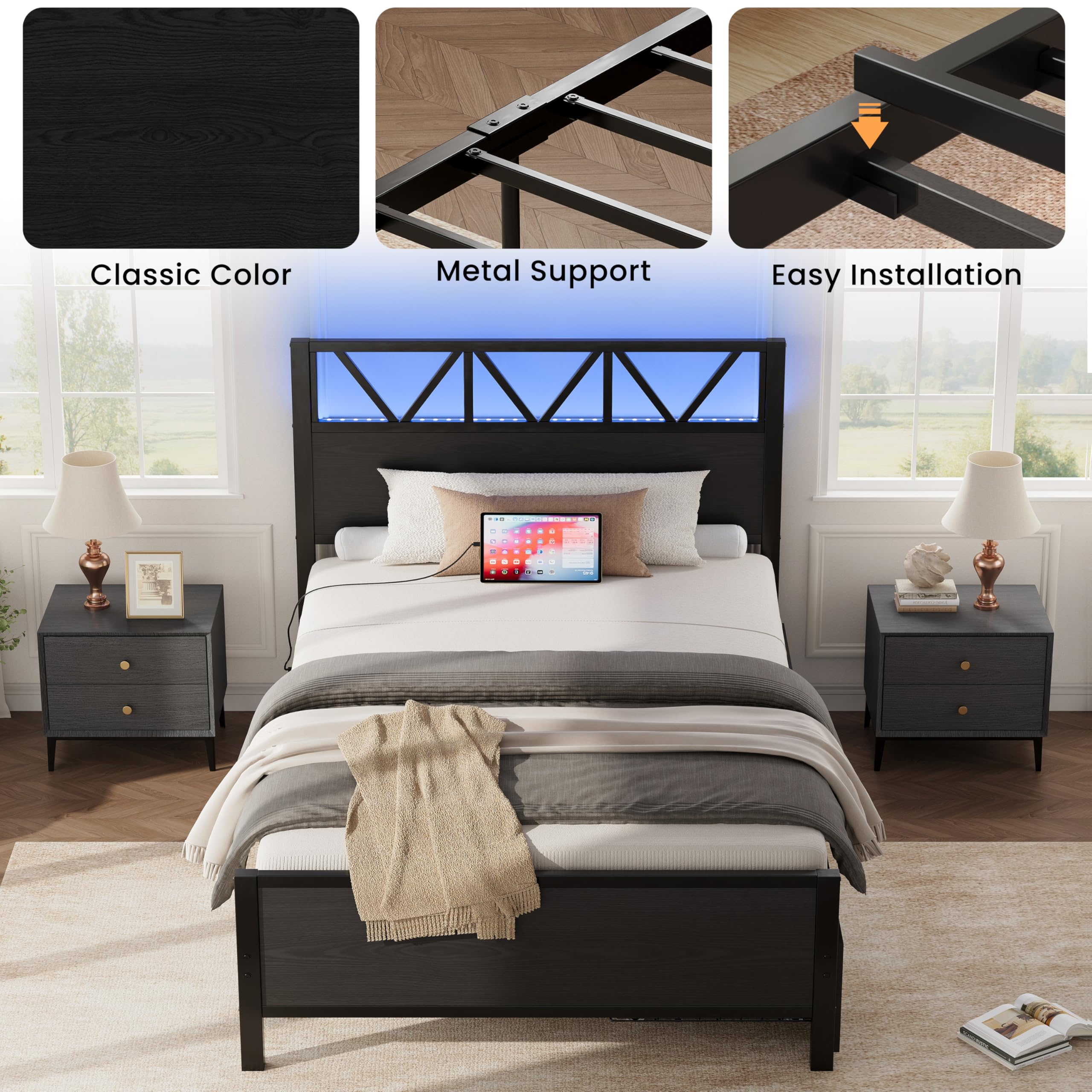 Twin Bed Frame with Storage Drawers, RGB Lighting & Charging Station