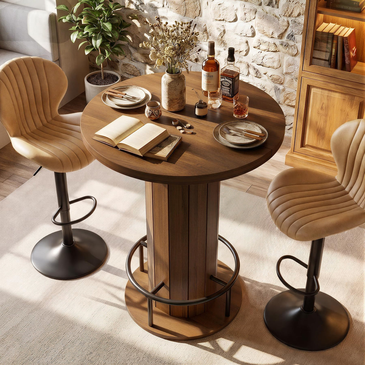 Round Bar Table Set with 2 Stools