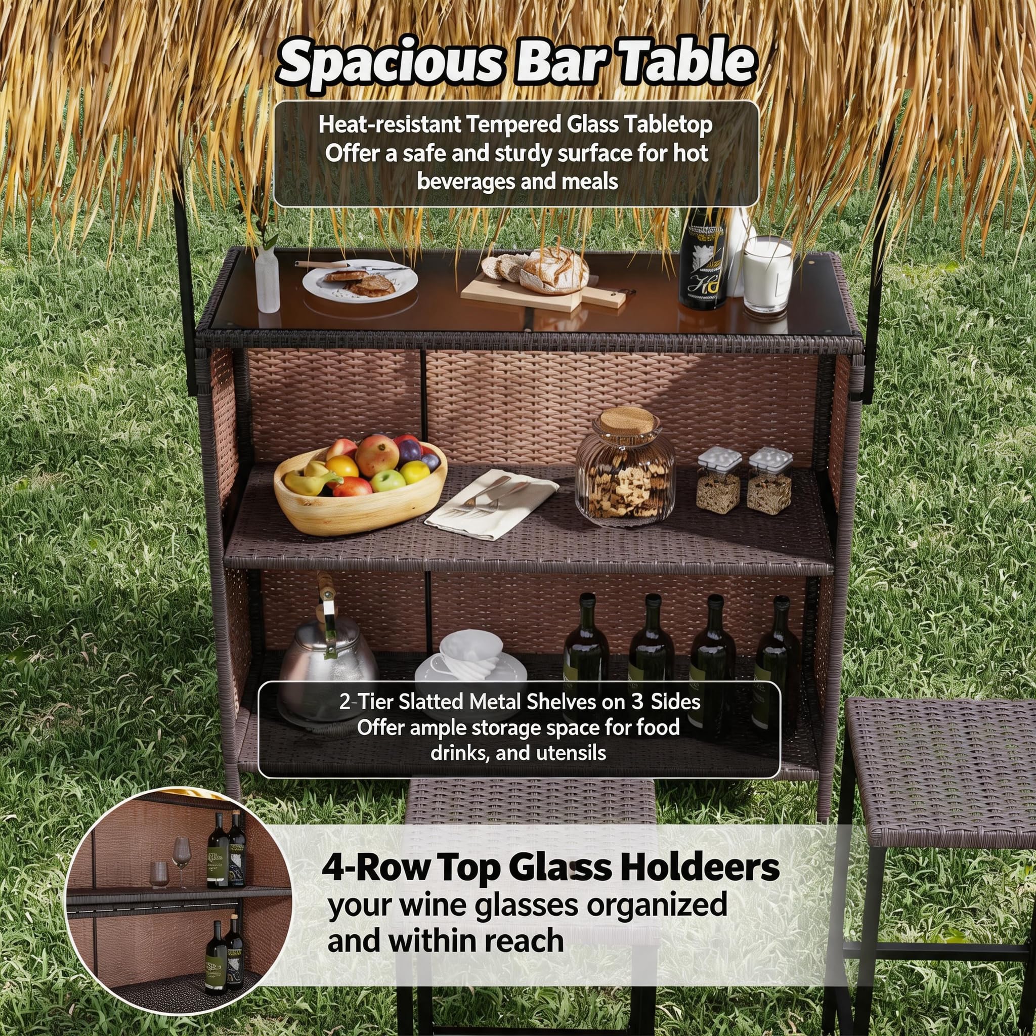 LYNSLIM Outdoor Tiki Bar Set, Phuket Outdoor Patio Wicker Islander, 43" W Tempered Glass Top, Outside Patio Bar with Adjustable Double-Layer Soft-Top Sunshade & Grill Gazebo Shelter