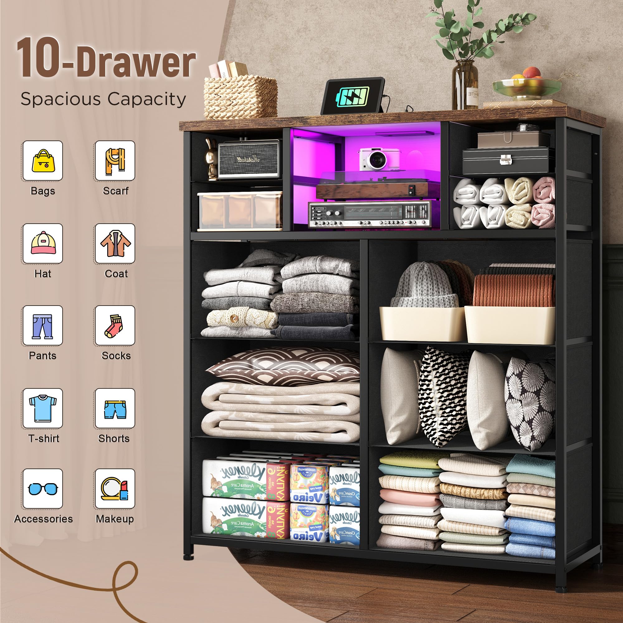 Romorgniz Dresser for Bedroom with 10 Drawers Featuring LED Light and Power Outlet, Fabric Dressers & Chest of Drawers with Open Shelves for Hallway, Living Room, Steel Frame,Wood Top, Rustic Brown