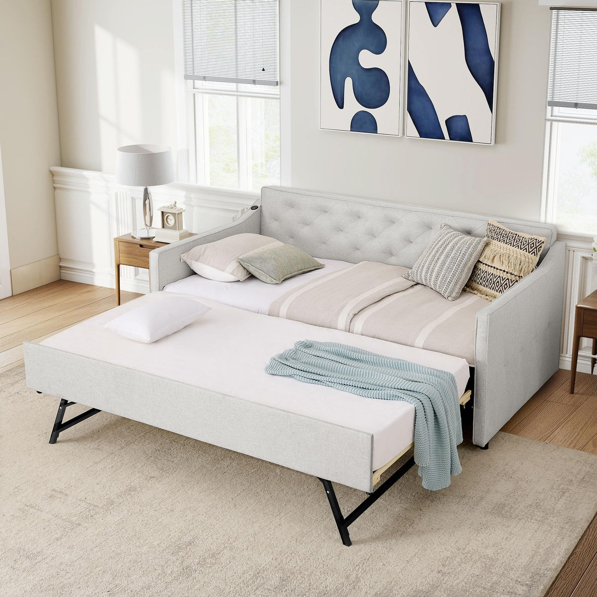 Antetek Daybed with Pop up Trundle, Fabric Upholstered Twin Size Day Bed Pull-Point Sofa Daybed Frame w/Twin Roll-Out Trundle/USB Port, Furniture for Bedroom, Living Room, Guest Room, Beige