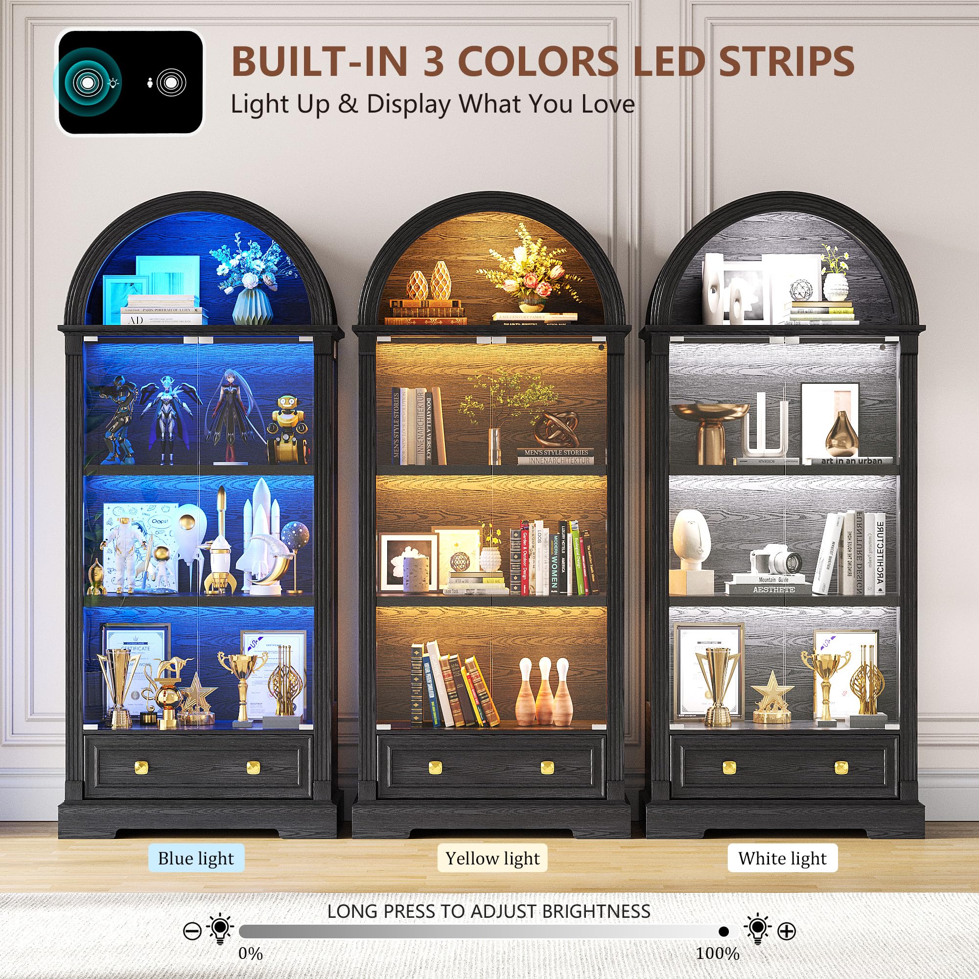 Arched Glass Display Cabinet with LED Motion Sensor Lighting