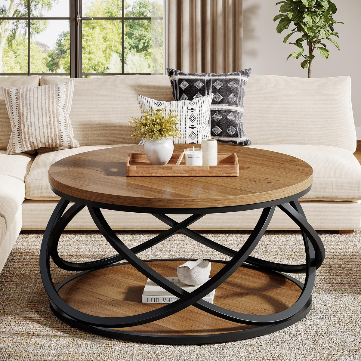 Round Coffee Table with Storage Shelf