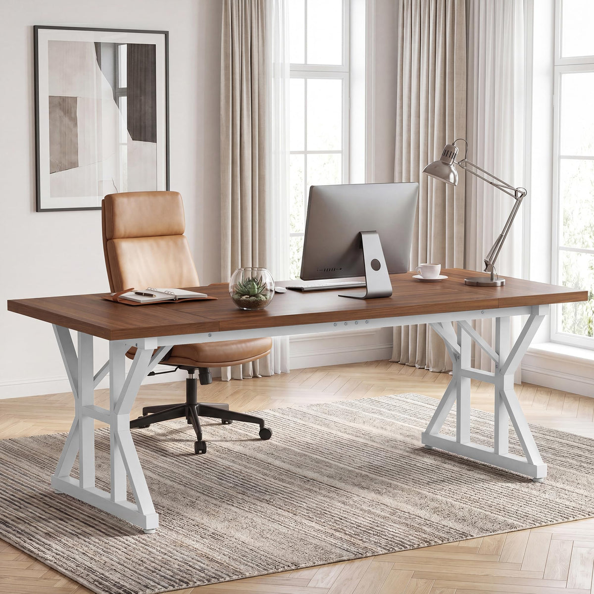YOUDENOVA 71 Inch Executive Desk, Large Computer Office Desk Workstation with Thick Desktop & Heavy Duty Metal Legs, Modern Industrial Writing Study Table for Home Office (Deep Brown/White)
