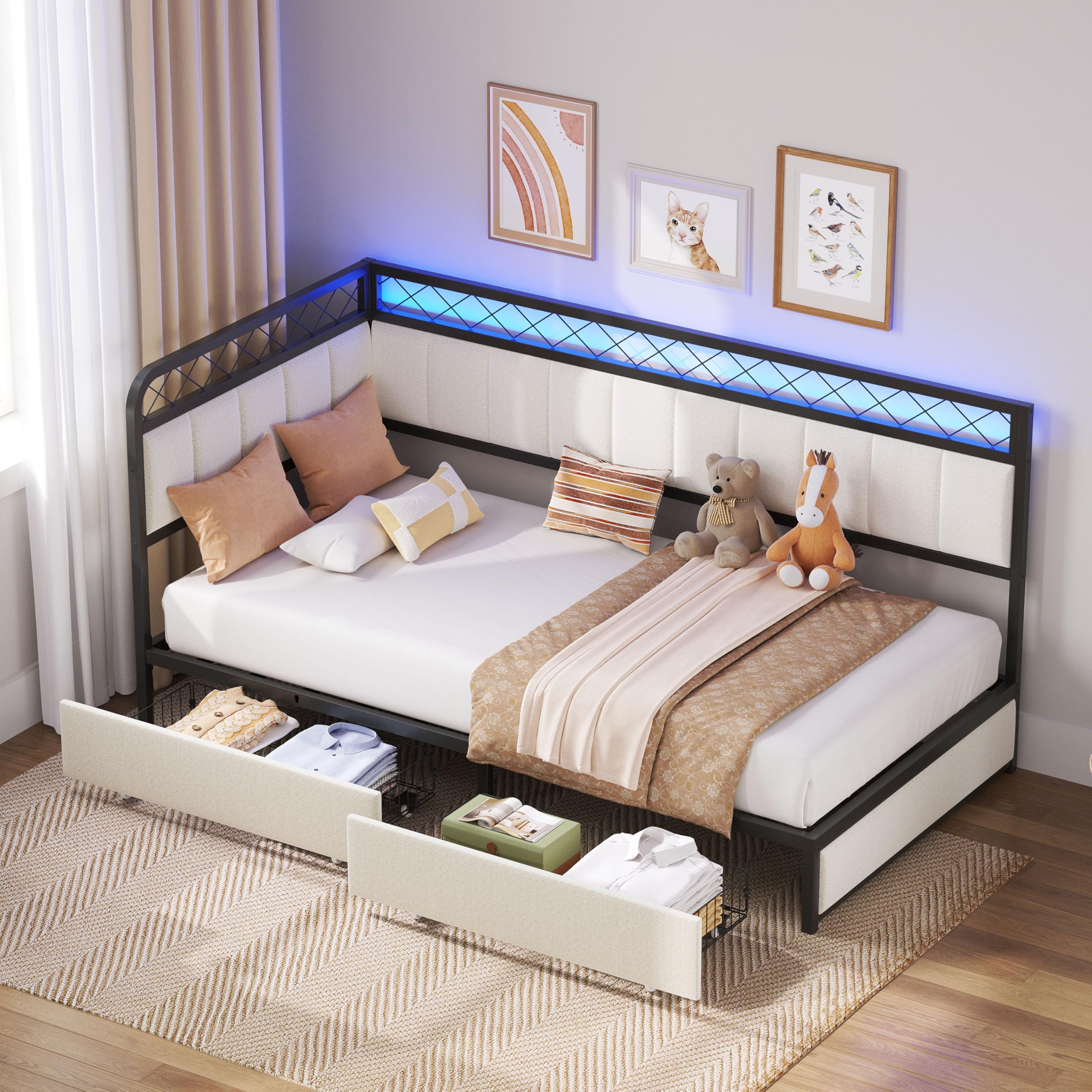 Twin L-Shaped Daybed with LED, Charging Station & Storage Drawers