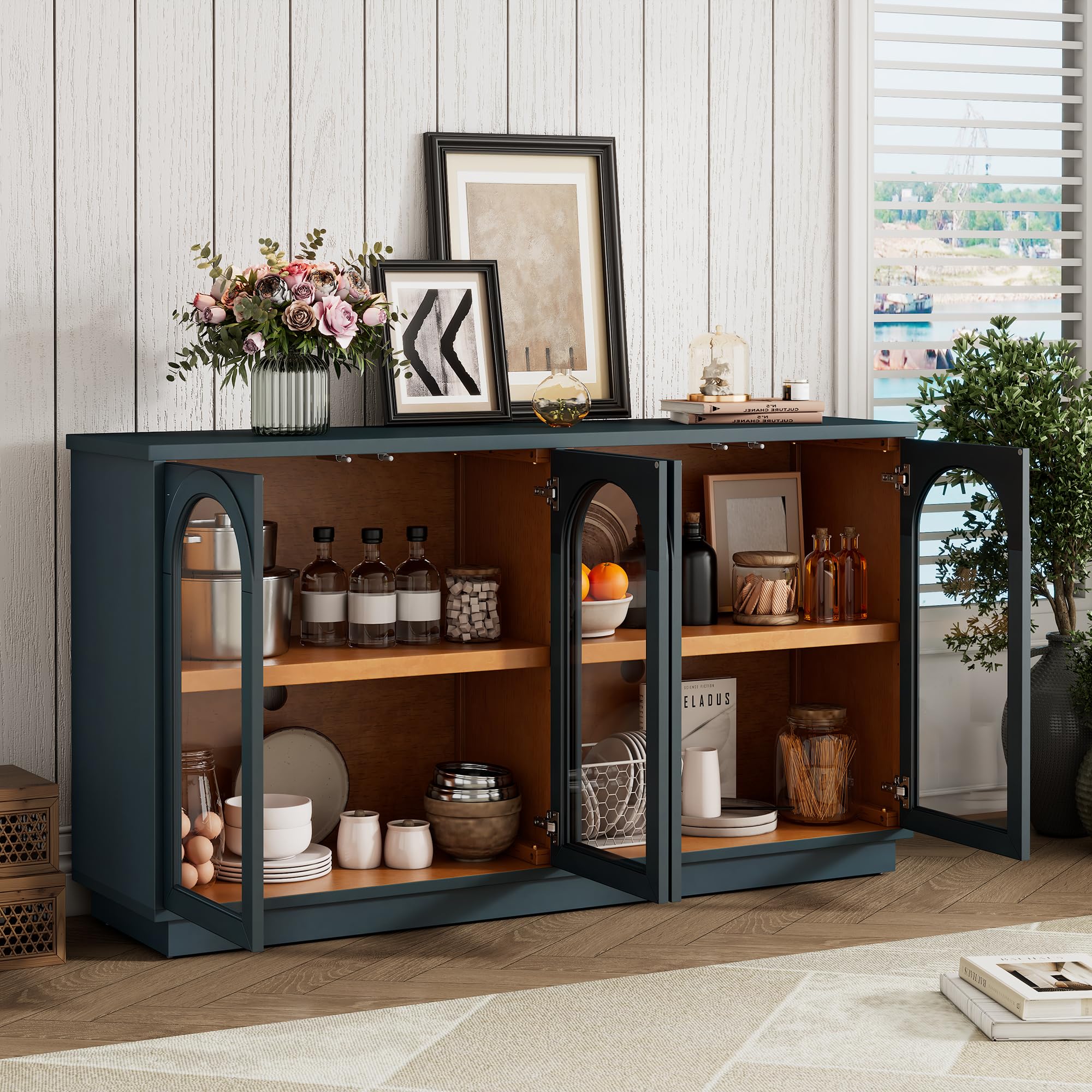 Merax 4-Door Large Storage Buffet Cabinet with Arched Glass Doors and Adjustable Shelves for Kitchen, Dining Room and Living Room