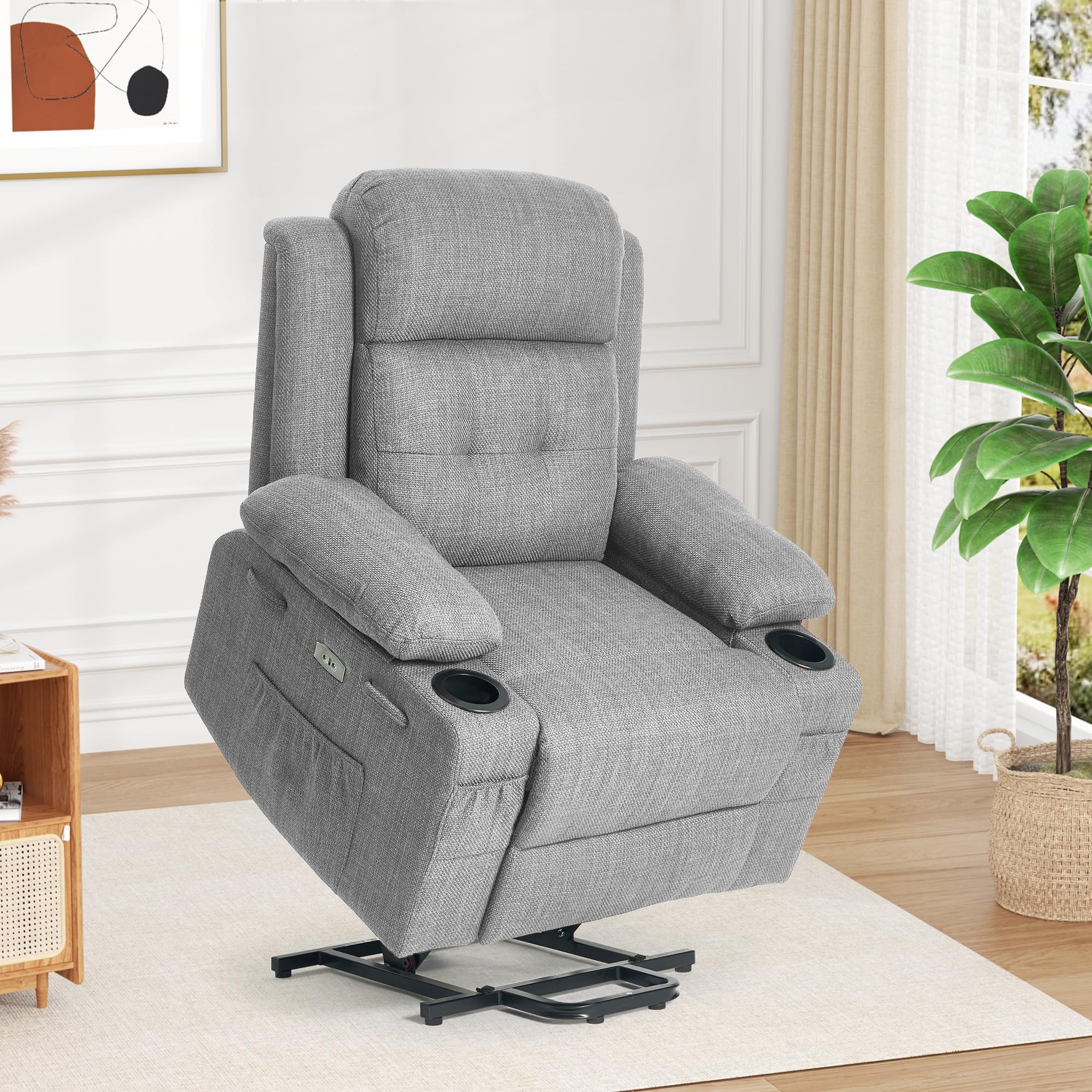 BETISEF Power Lift Recliner Chair for Elderly with Massage & Heat,Linen-Cotton, Electric Recliner with USB Ports, Cup Holders, Side Pockets, Lift Chair for Living Room, Bedroom