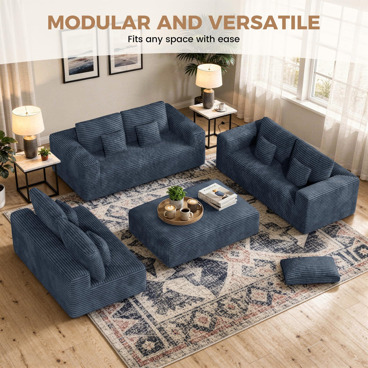 136'' Sectional Cloud Couches, Oversized U Shape 6 Seater Sofa Bed-Blue