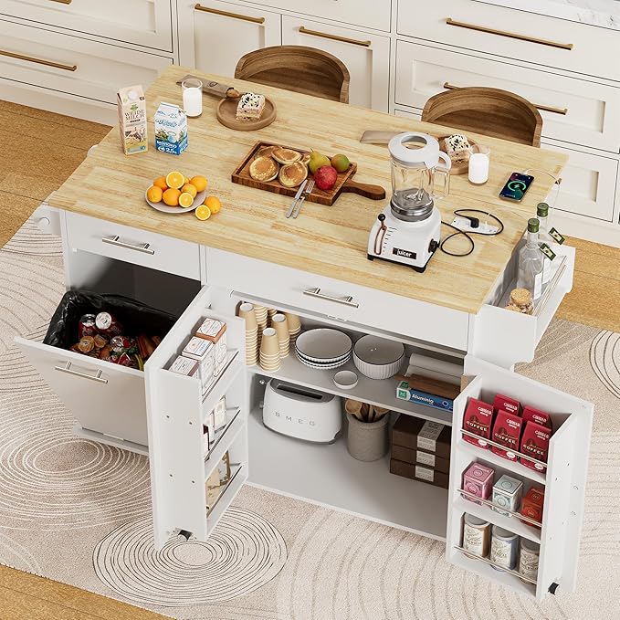Rolling Kitchen Island with Trash Can Storage & Drop Leaf