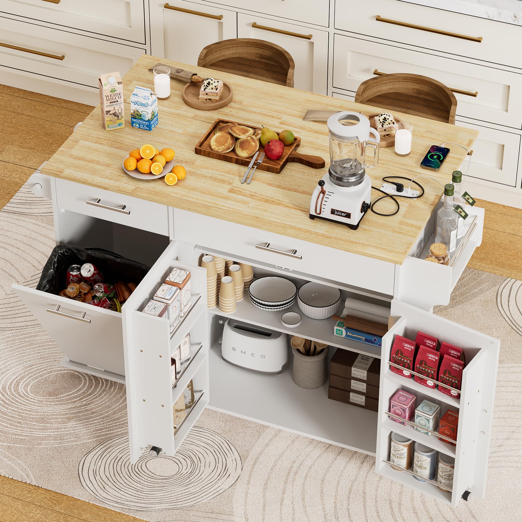 Rolling Kitchen Island with Trash Can & Drop Leaf