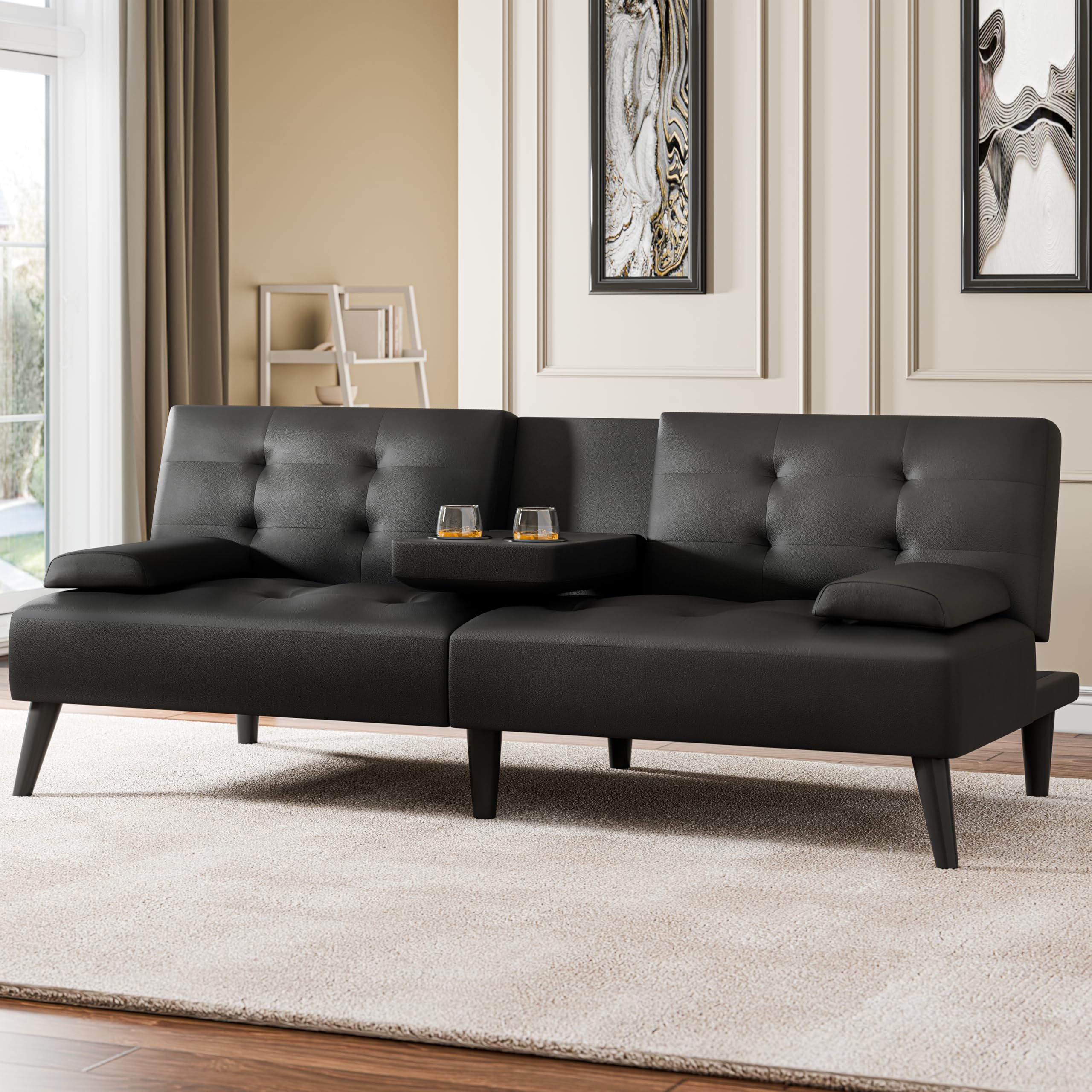 Meilocar 64" Futon Sofa Bed, Small Loveseat with 2 Cup Holders, Small Couch with 3 Adjustable Angles & Removable Armrest, Modern Sleeper Sofa for Small Space (PU Leather, Black)