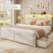 Fluest Queen Bed Frame with 4 Drawers, Upholstered Headboard with Storage, Charging Station, LED Lights, No Box Spring Needed, Easy Assembly, Beige