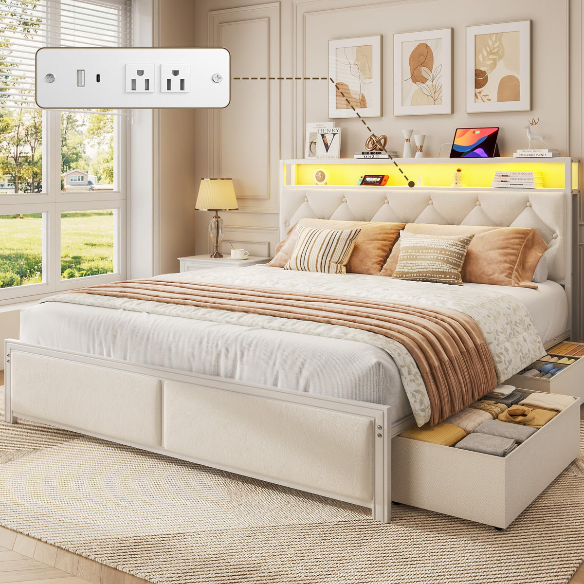 Fluest Queen Bed Frame with 4 Drawers, Upholstered Headboard with Storage, Charging Station, LED Lights, No Box Spring Needed, Easy Assembly, Beige