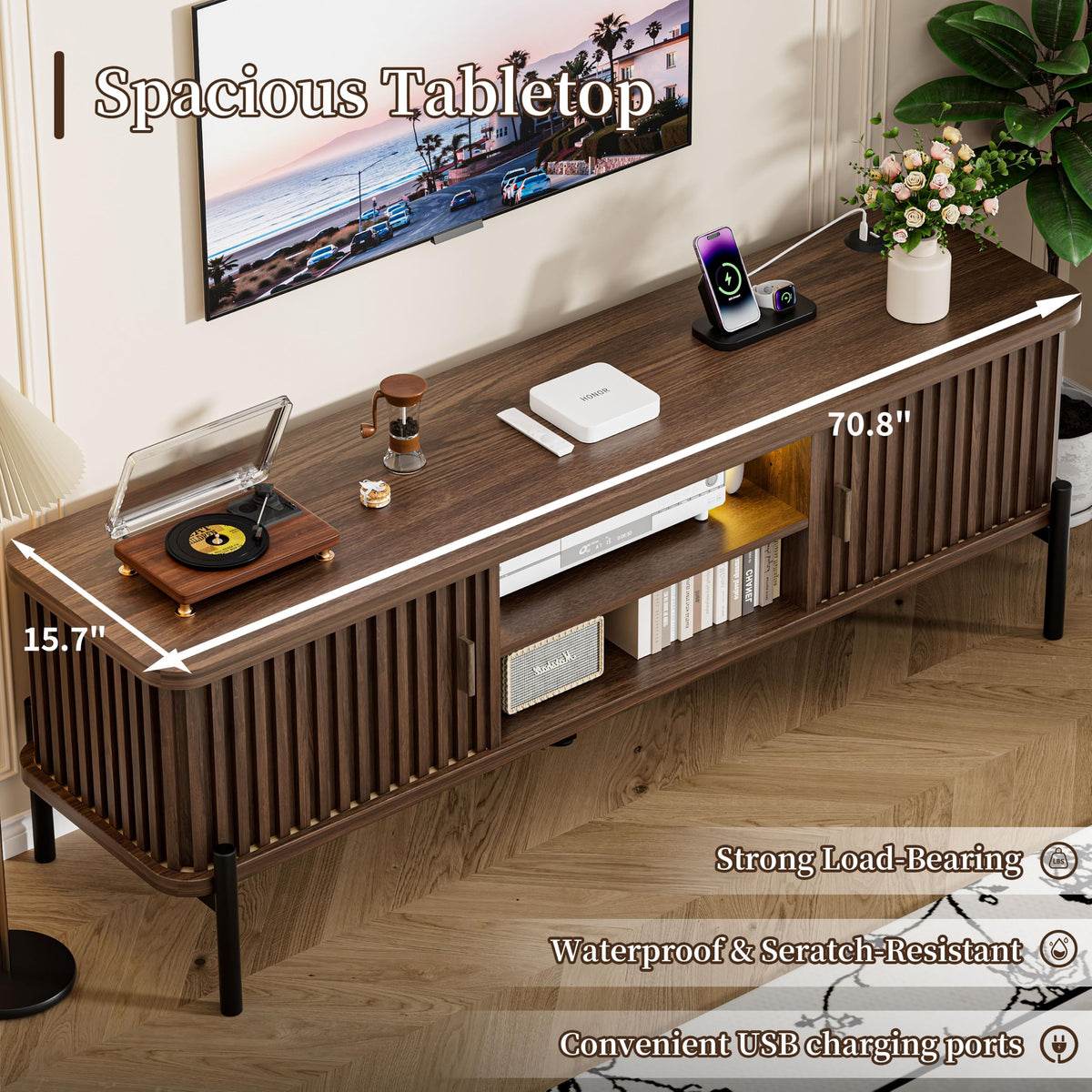 Ammora Living 70.8 Inch TV Stand for TVs up to 80 Inch, Modern Fluted Entertainment Center with Sliding Tambour Doors, Smart LED Lights, Adjustable Shelves and Storage, Mid Century TV Console, Walnut