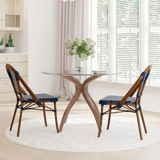French Bistro Chairs with PE Rattan Seat & Back, Bamboo Finish Frame, Set of 2