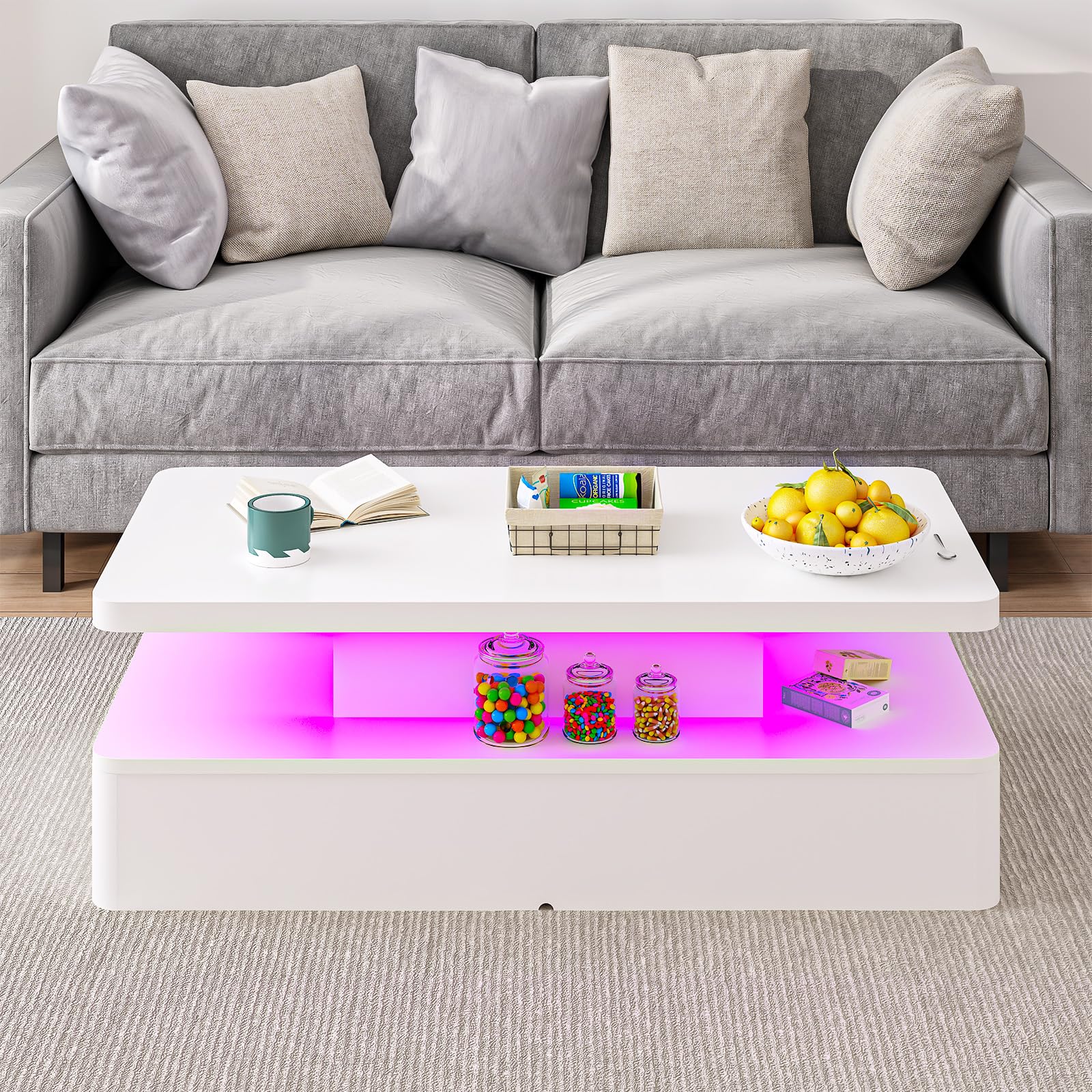MXV Modern Coffee Table, 47 Inches Coffee Tables with 16 Colors LED Lights, 2 Tier Rectangular Center Table, Large Storage Space, High Glossy Wooden Tea Table for Living Room, Bedroom, Office, White