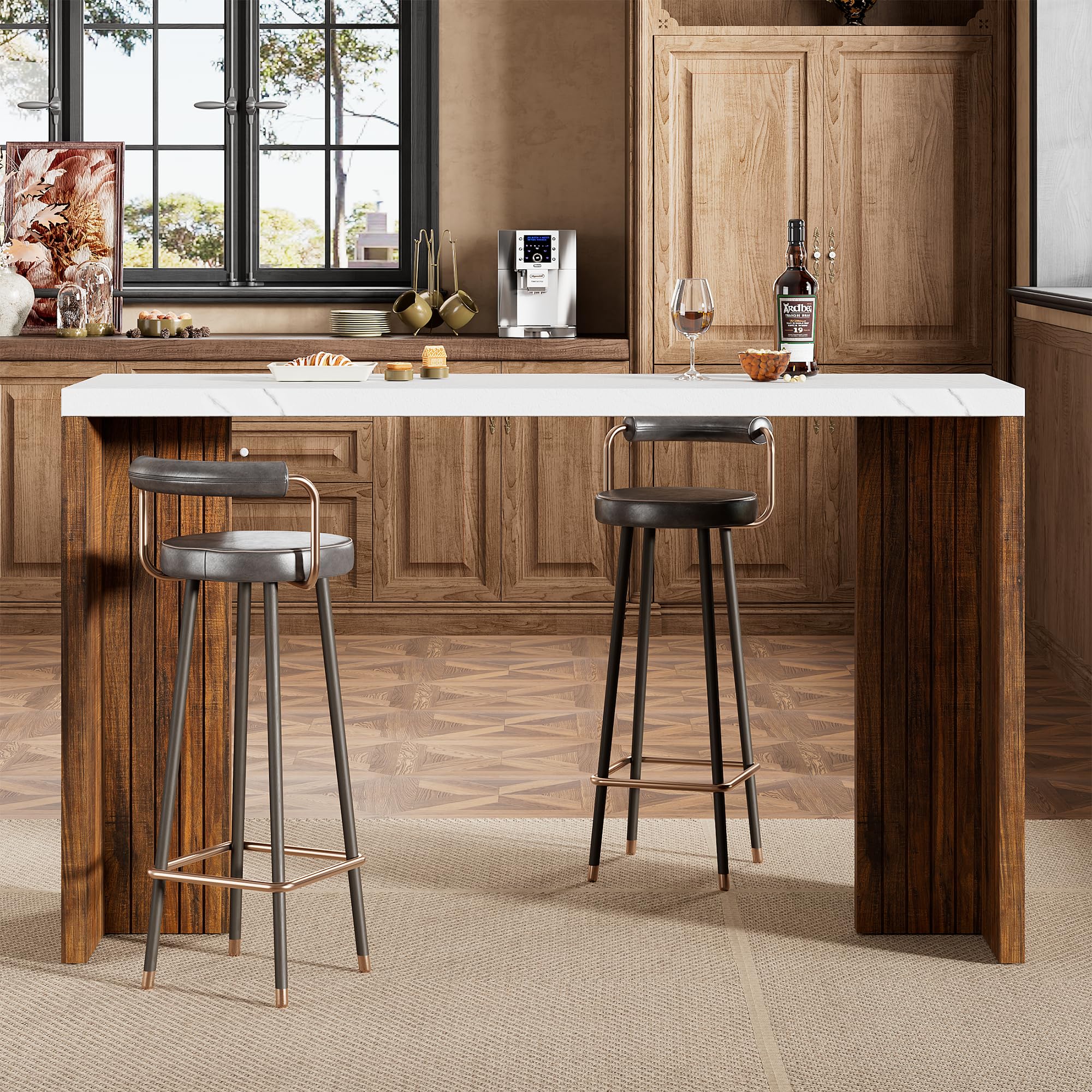 Bar Table for 4-6 People - 55” Long Counter Height Pub with Extra Thickened Tabletop, Modern Rectangular Home Bar Coffee Unit for Kitchen, Dining Room, Balcony, Living Room, Basement, White+Walnut