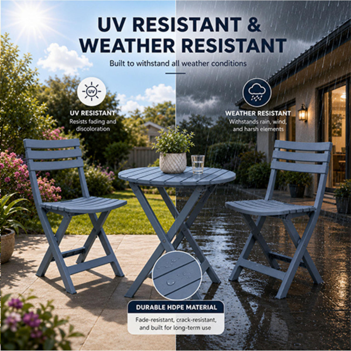 ARIA HOME 3 Piece Outdoor Bistro Set, Round Folding Patio Table and 2 Chairs, Blue