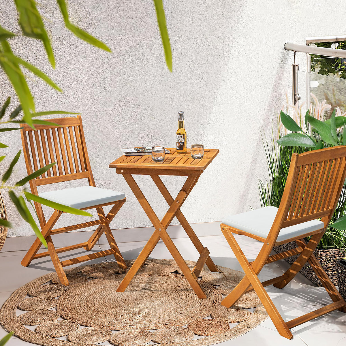 Flamaker 3 Piece Acacia Wood Folding Bistro Set Outdoor (Natural)