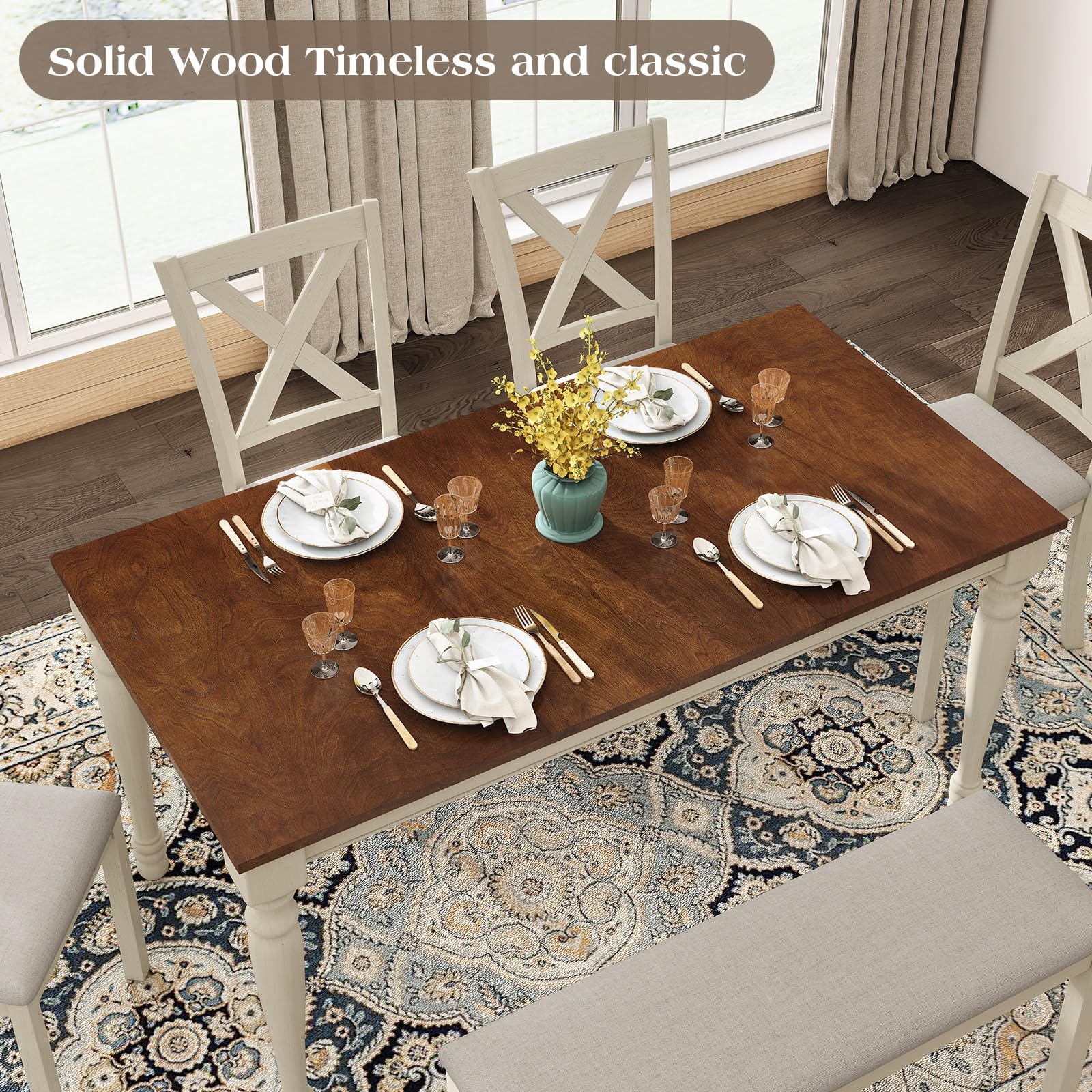 6-Piece Farmhouse Dining Table Set with Chairs & Bench
