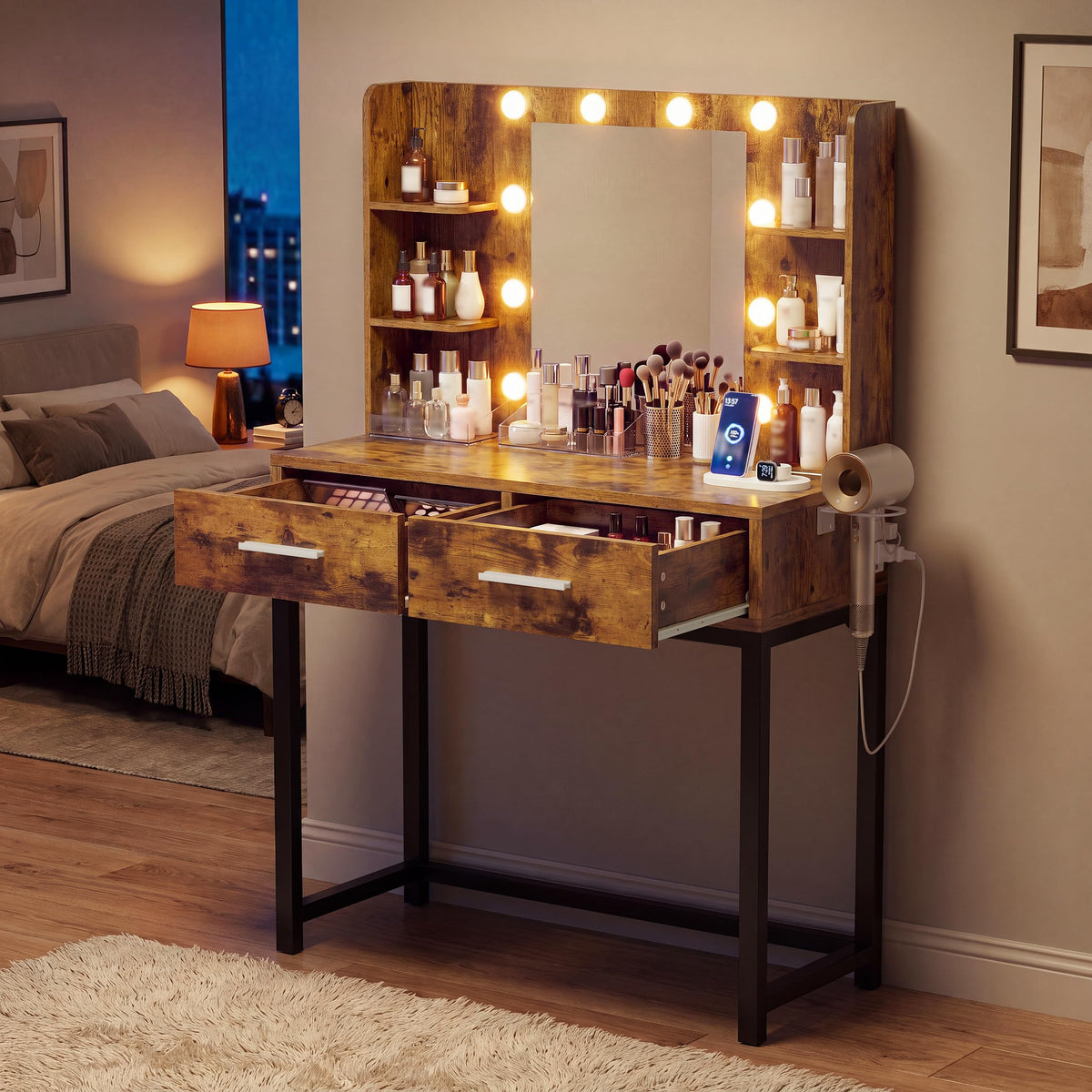 YESHOMY 31.5" Small Makeup Vanity Desk with Lighted Mirror, Rustic Brown