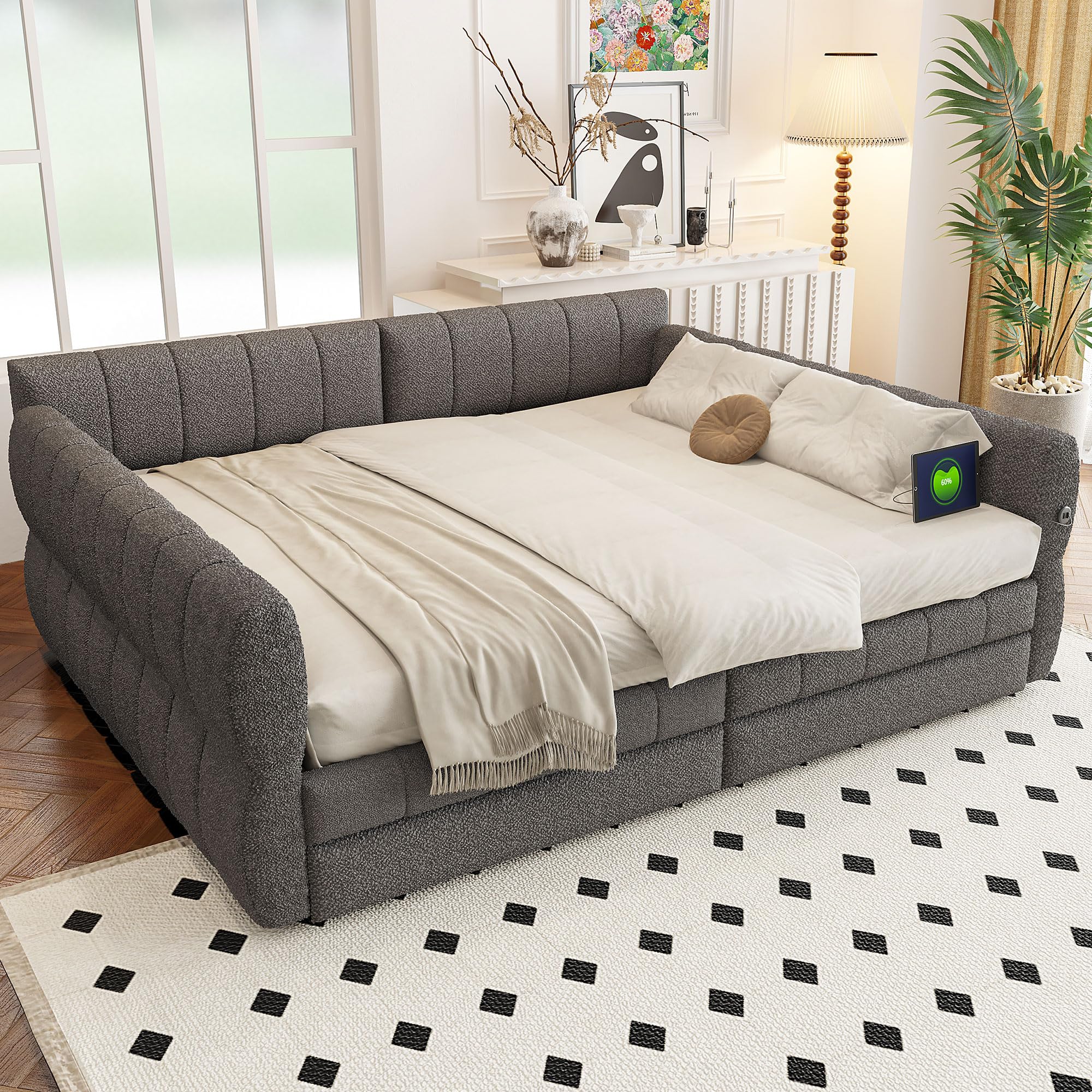 GDFStudio Queen Size Upholstered Platform Bed Frame with USB Ports & 2 Storage Drawers, Modern Sherpa Fabric Daybed Frame with Armrests, and Wooden Slats, No Box Spring Required, Gray