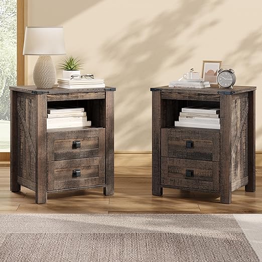 Farmhouse Nightstand Set of 2 with Drawers & Open Shelf