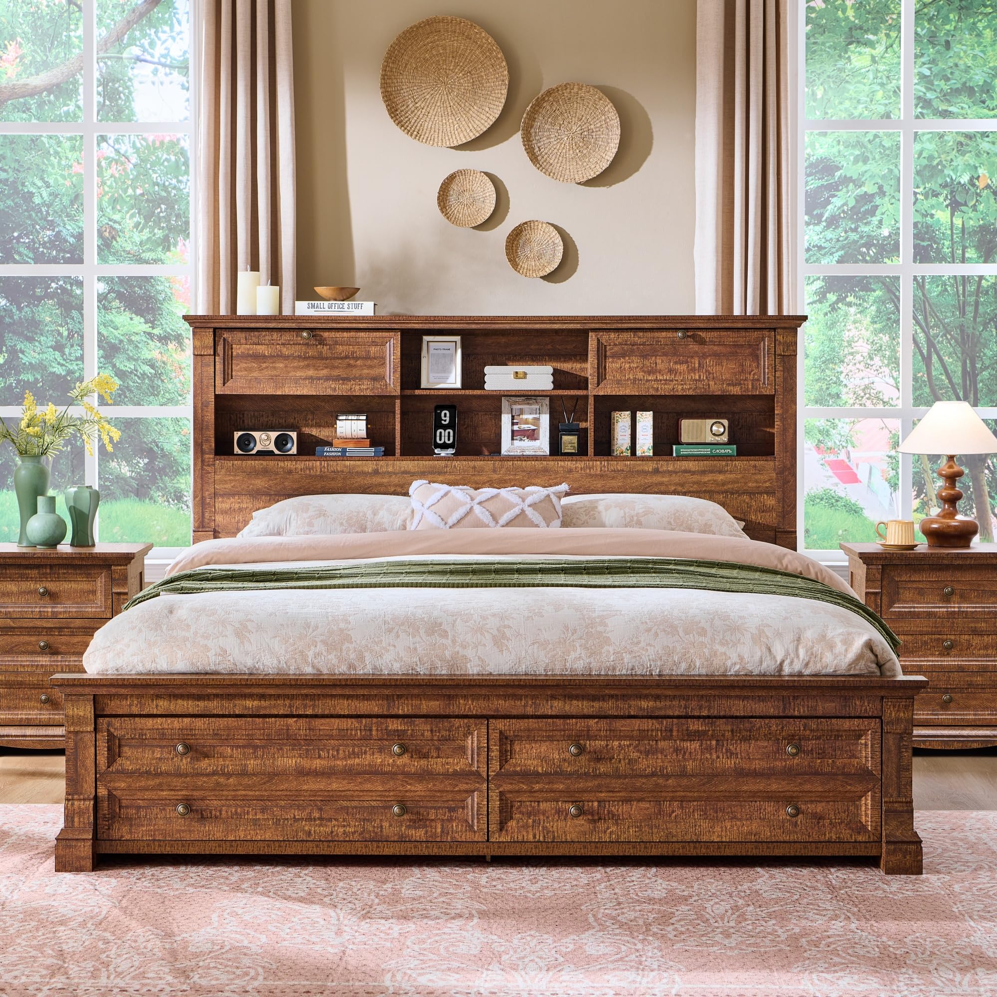 Queen Size Bed Frame with Tall Headboard & Storage