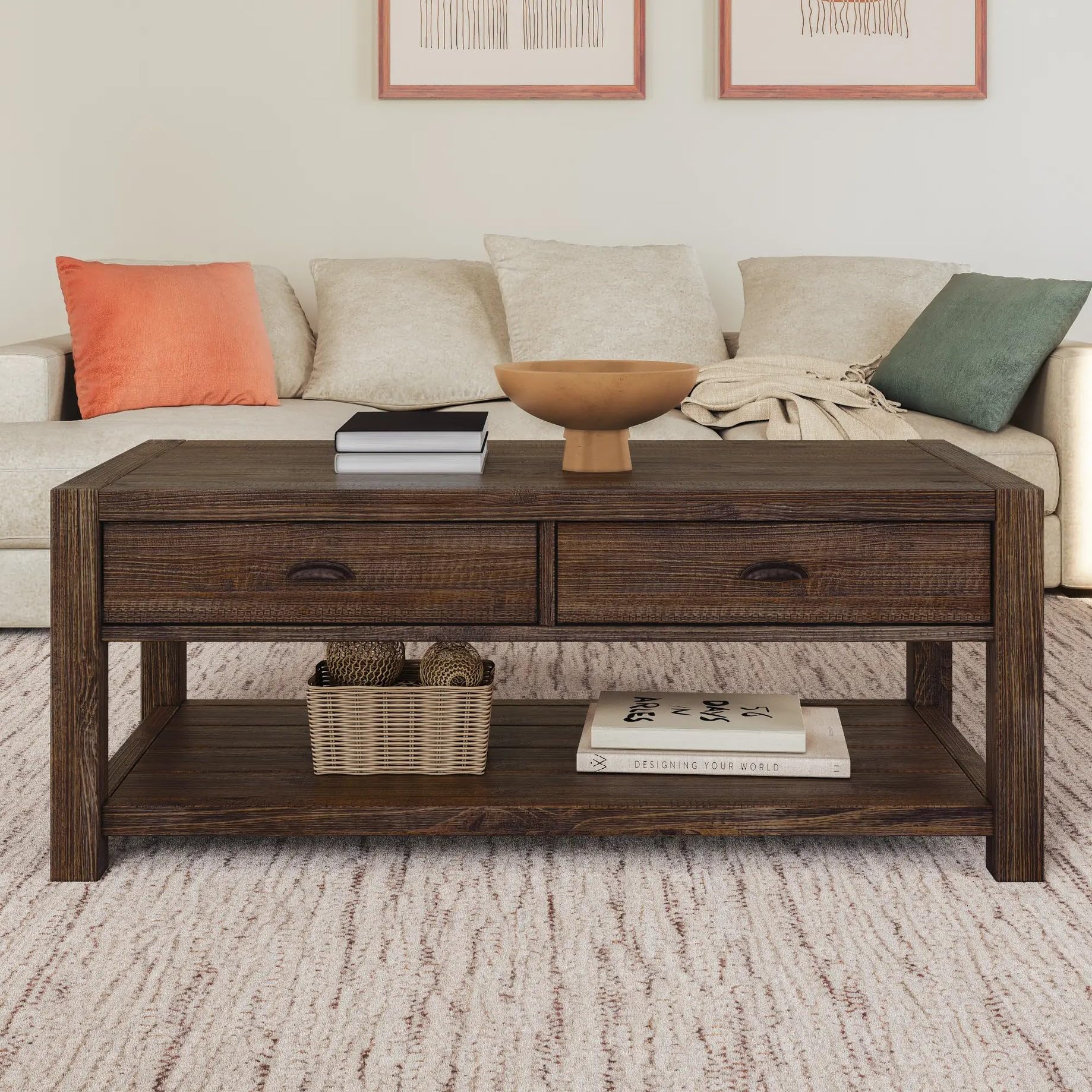 Grain Wood Furniture Montauk Coffee Table, Solid Wood with a Rustic Walnut Finish
