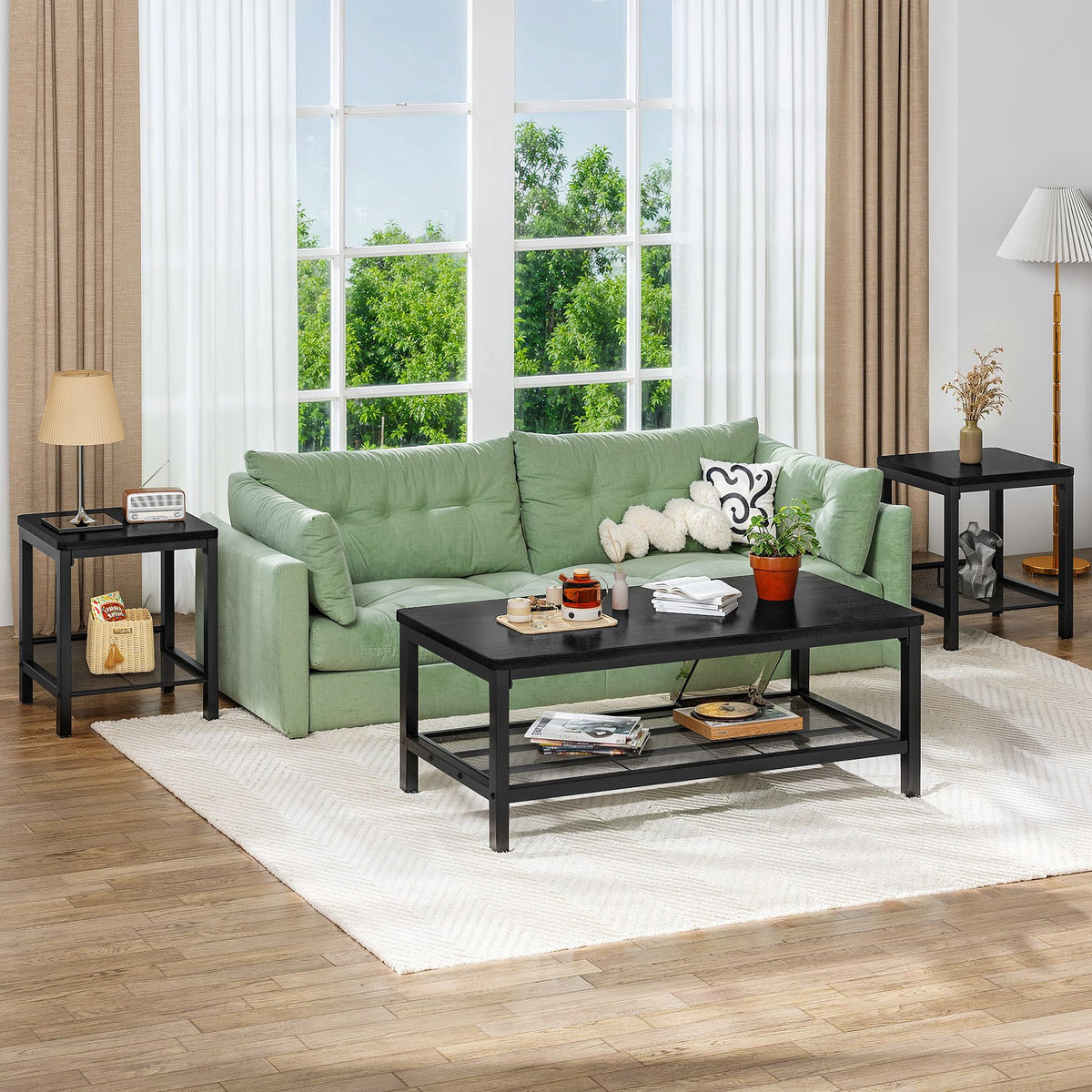 Recaceik 3-Piece Living Room Coffee Table Set, Industrial Coffee Table with 2 Square End Side Tables, Modern Living Room Table Set with Metal Frame for Apartment Home Office (Black)