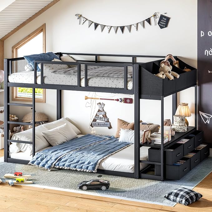 Twin Metal Bunk Bed with Storage & LED Lights