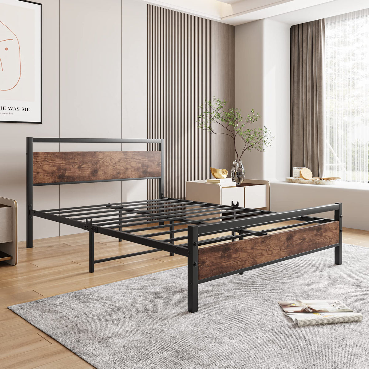 HOJINLINERO Full Size Bed Frame with Headboard,Wood Bed Frame Rustic Brown