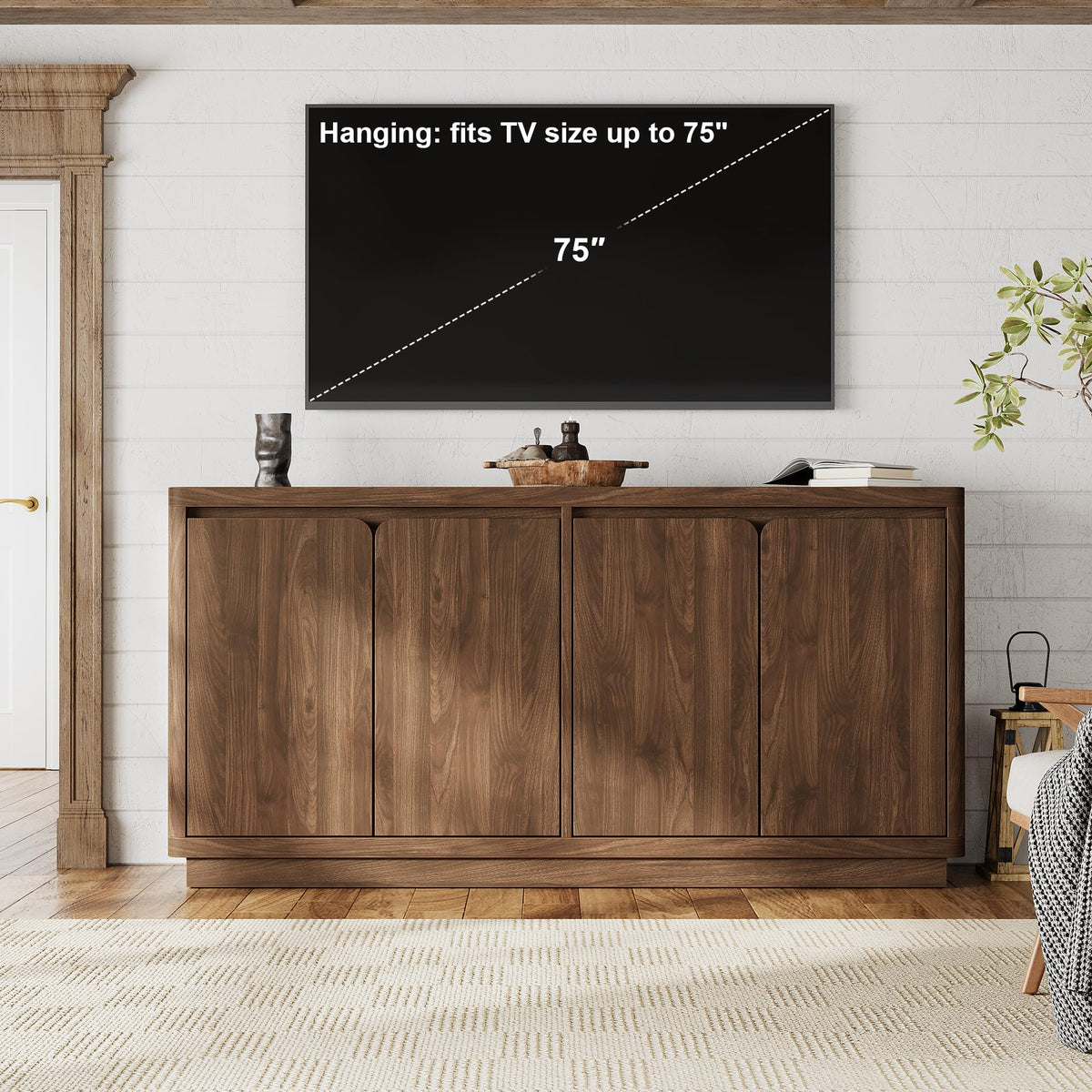 knoworld 63" Buffet Cabinet with Storage & Power Outlet, Fluted Sideboard Credenza with Double-Arc Doors, Mid-Century Modern Coffee Bar Cabinet Console Table for Dining Room, Living Room, Walnut