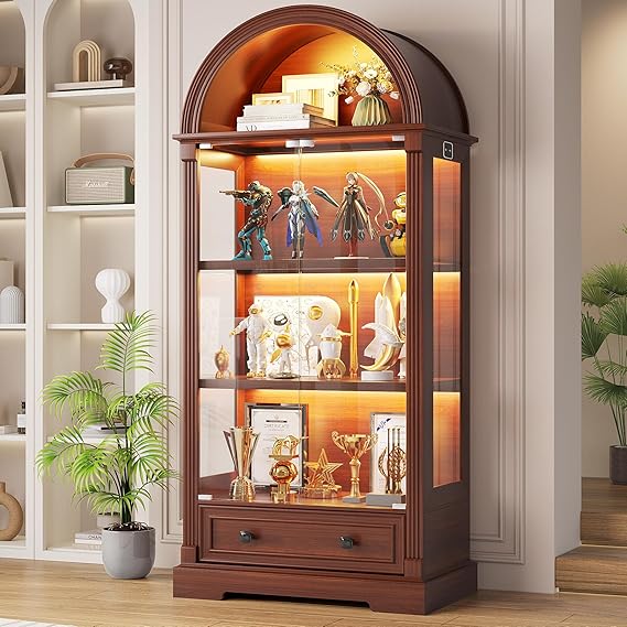 Arched Glass Display Cabinet with Motion Sensor LED Lights