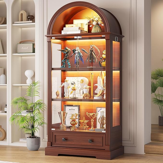 Arched Glass Display Cabinet with LED Motion Sensor Lighting