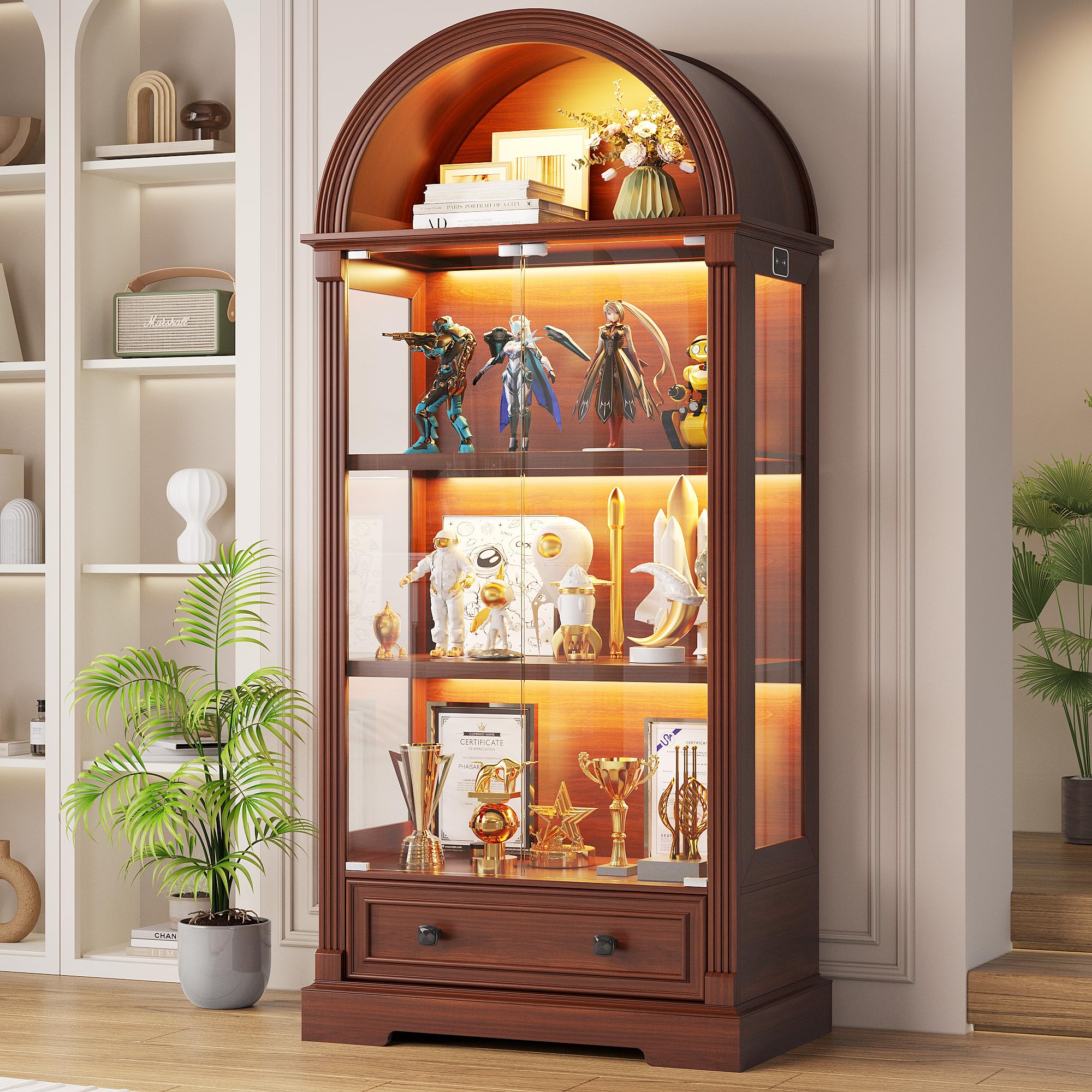 Arched Glass Display Cabinet with LED Sensor Lights, 4-Tier